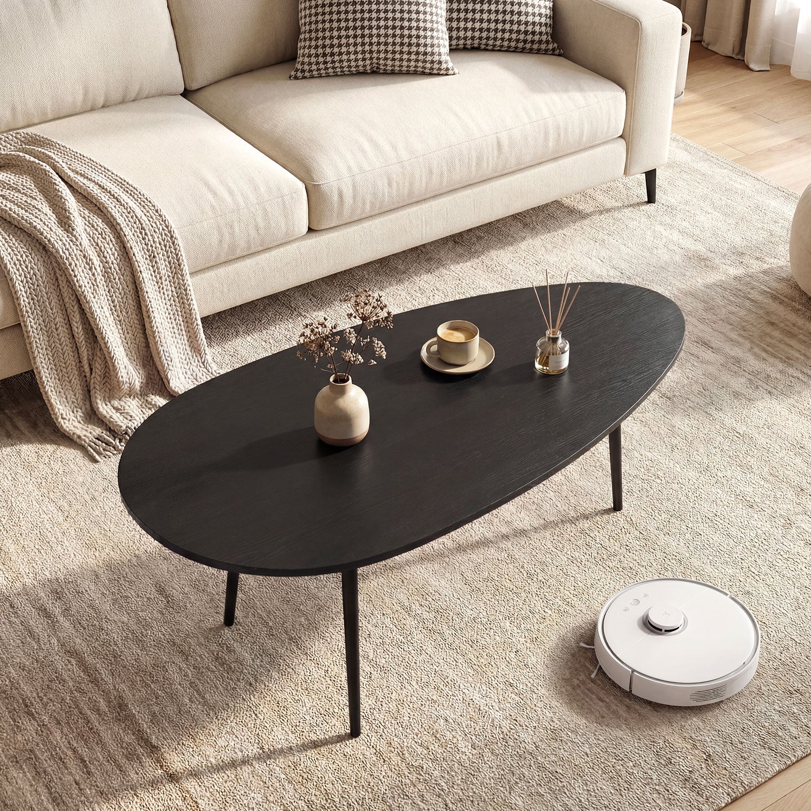Oval Coffee Table, Mid Century Center Table, Sturdy Metal Construction, Black - Image 2