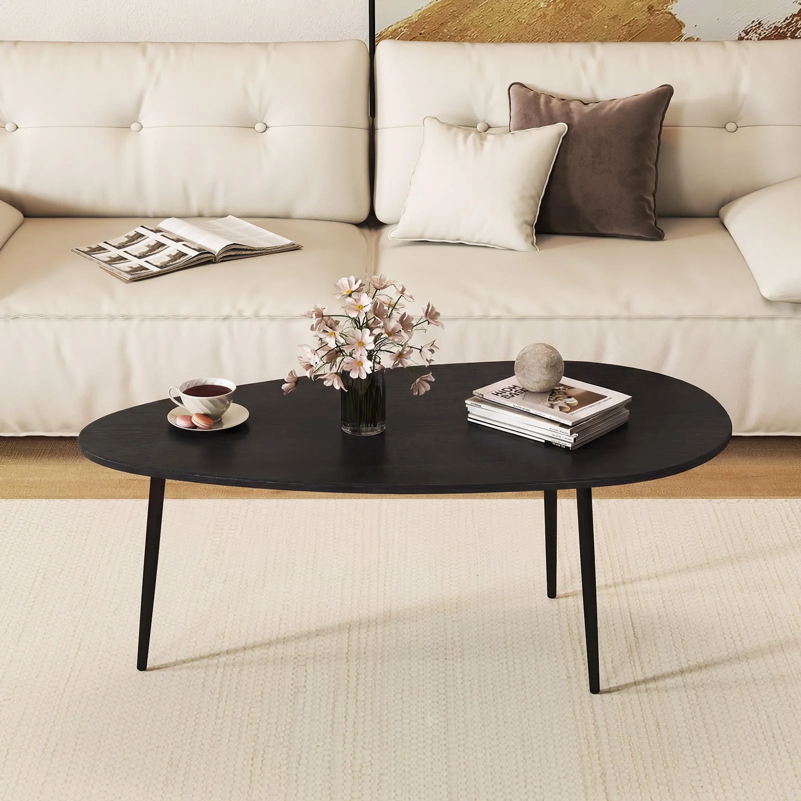 Oval Coffee Table, Mid Century Center Table, Sturdy Metal Construction, Black - Image 3