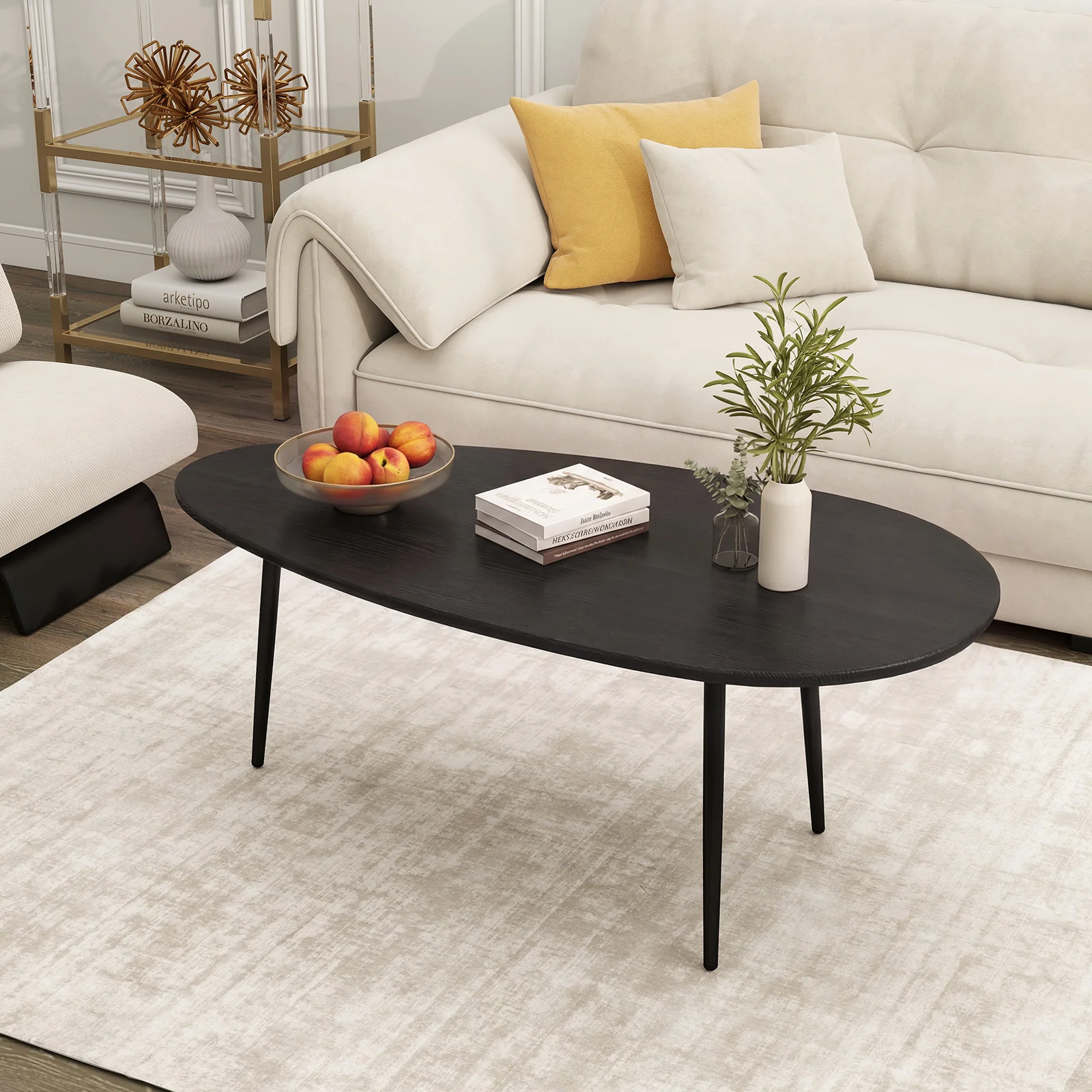 Oval Coffee Table, Mid Century Center Table, Sturdy Metal Construction, Black - Image 7