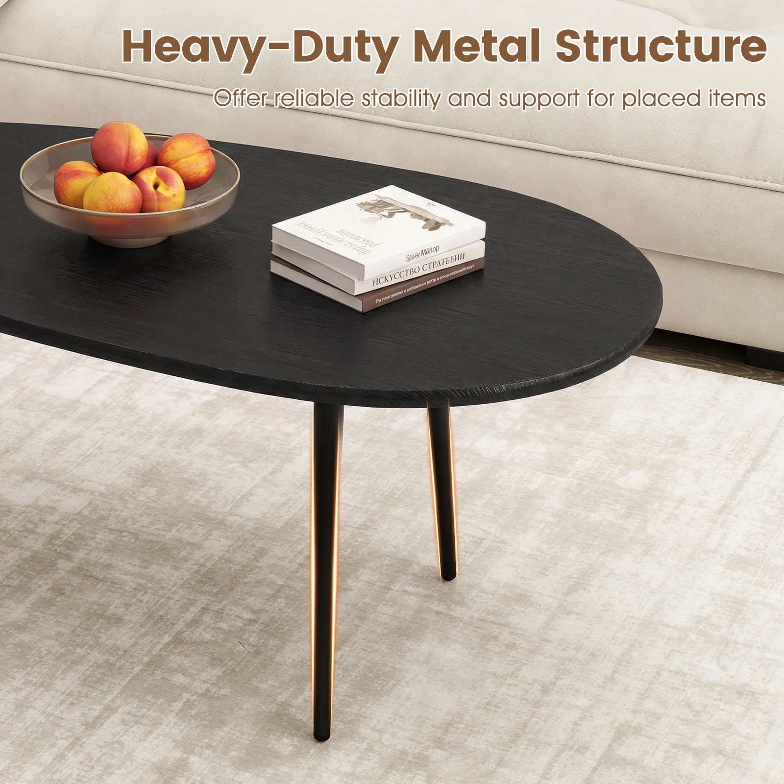 Oval Coffee Table, Mid Century Center Table, Sturdy Metal Construction, Black - Image 8