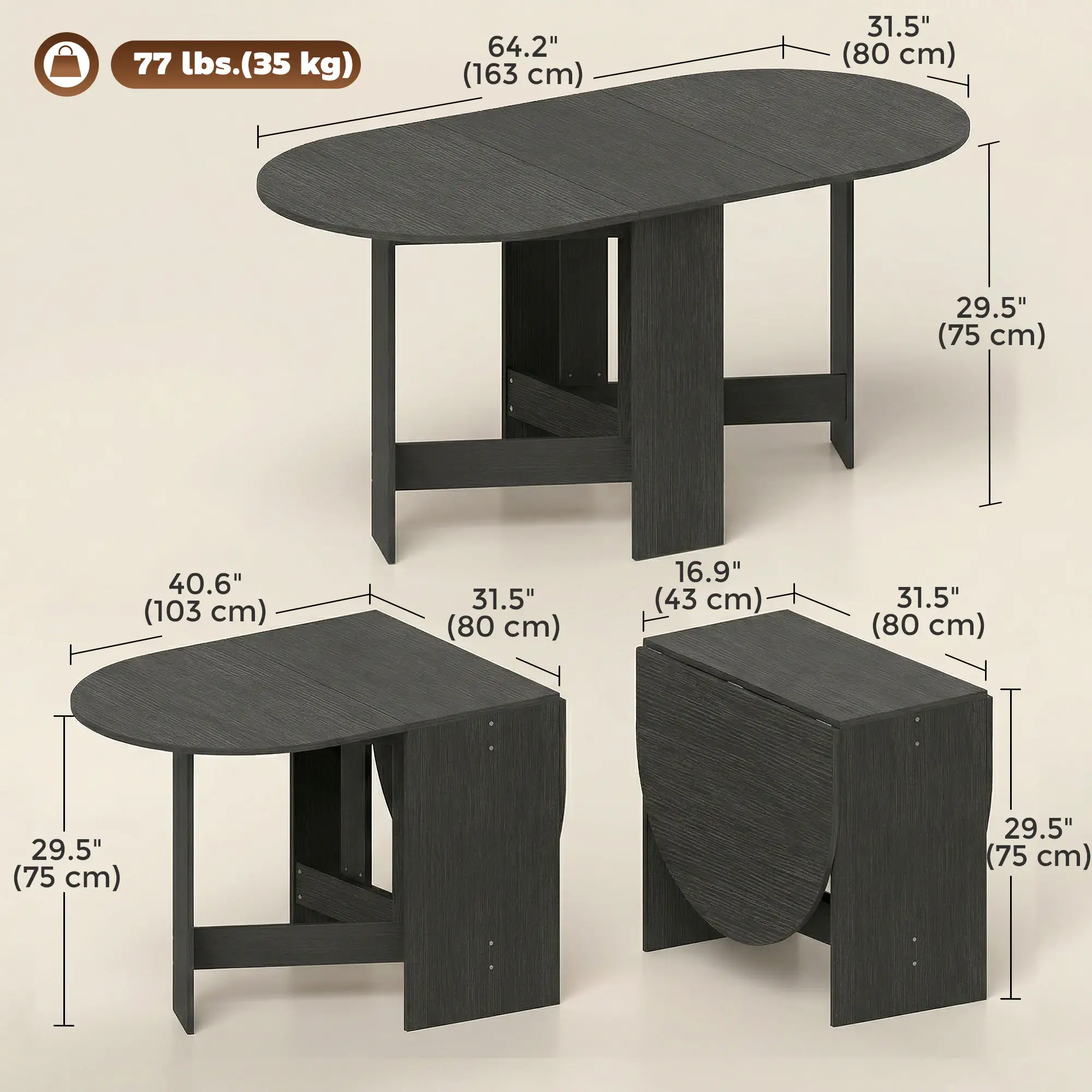 Oval Folding Dining Table, Drop Leaf Kitchen Table, Black - Image 3