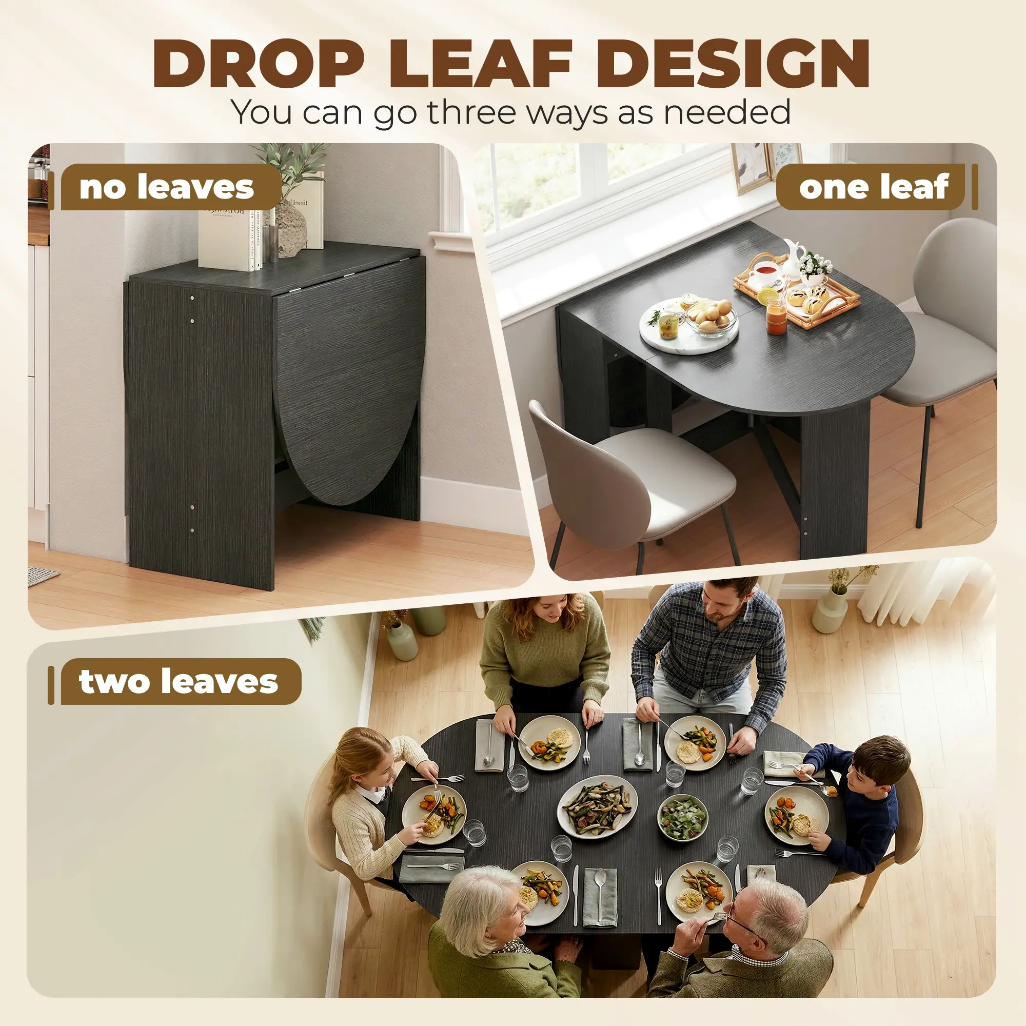 Oval Folding Dining Table, Drop Leaf Kitchen Table, Black - Image 4