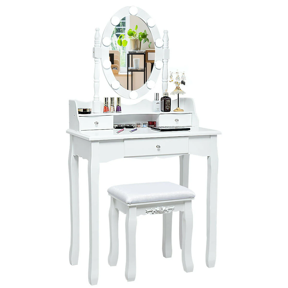 Oval Mirror Vanity Set With 10 LED Dimmable Bulbs, 3 Drawers, White - Image 5