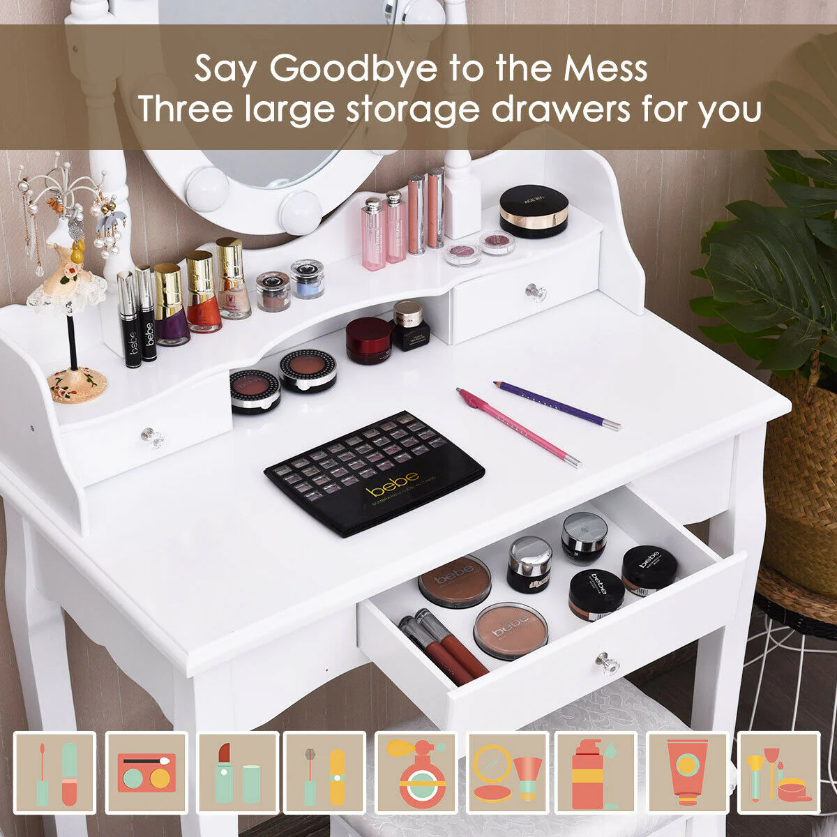 Oval Mirror Vanity Set With 10 LED Dimmable Bulbs, 3 Drawers, White - Image 9