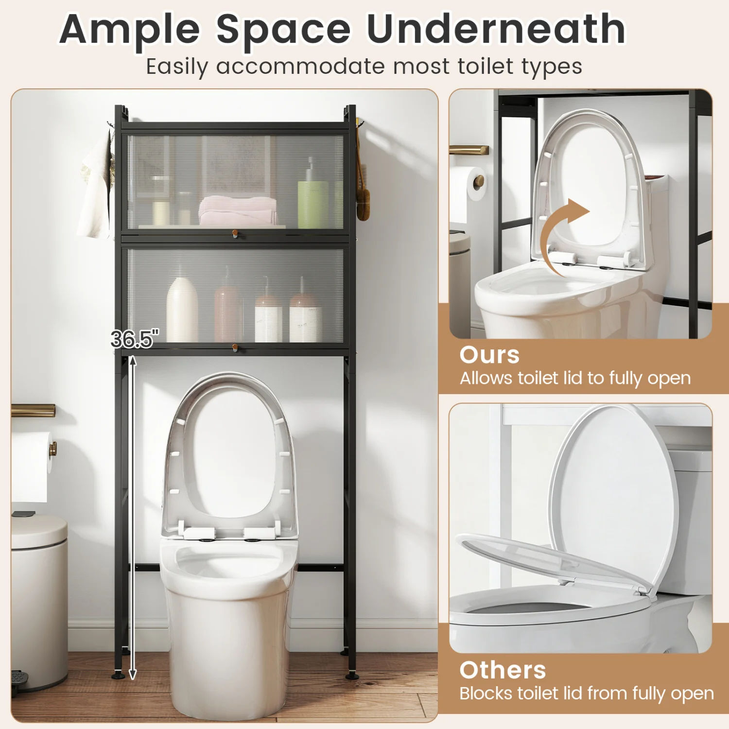Over-the-toilet Cabinet Bathroom Organizer with 2 Flip-up Cabinets, Black - Image 10