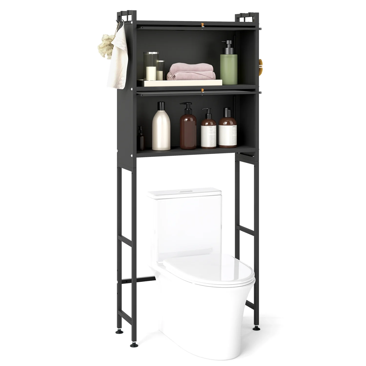 Over-the-toilet Cabinet Bathroom Organizer with 2 Flip-up Cabinets, Black - Image 4