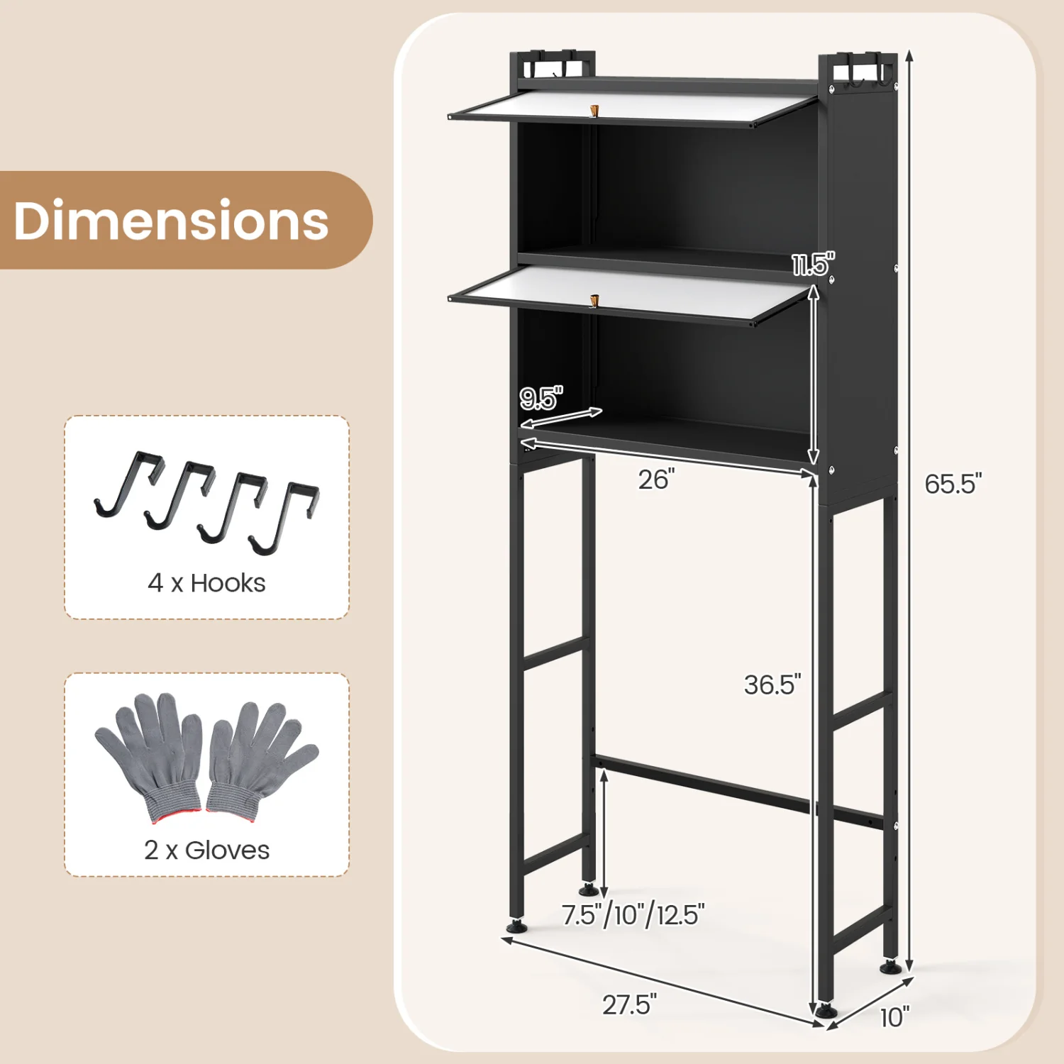Over-the-toilet Cabinet Bathroom Organizer with 2 Flip-up Cabinets, Black - Image 6