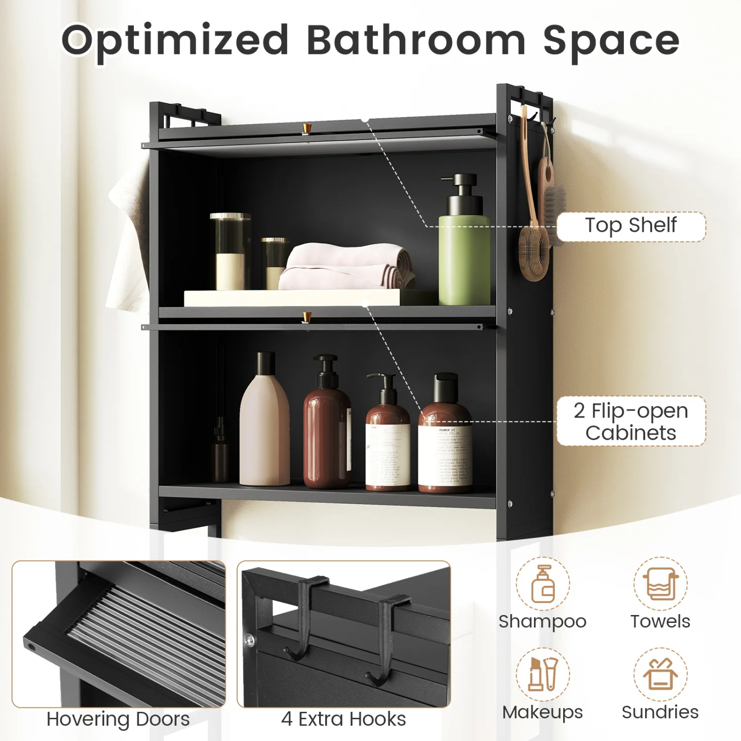 Over-the-toilet Cabinet Bathroom Organizer with 2 Flip-up Cabinets, Black - Image 7