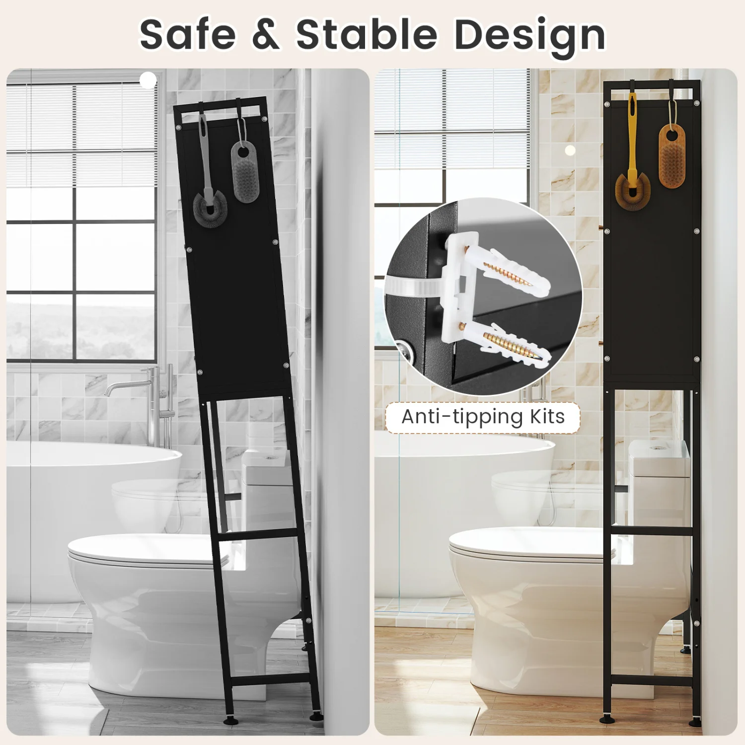 Over-the-toilet Cabinet Bathroom Organizer with 2 Flip-up Cabinets, Black - Image 9