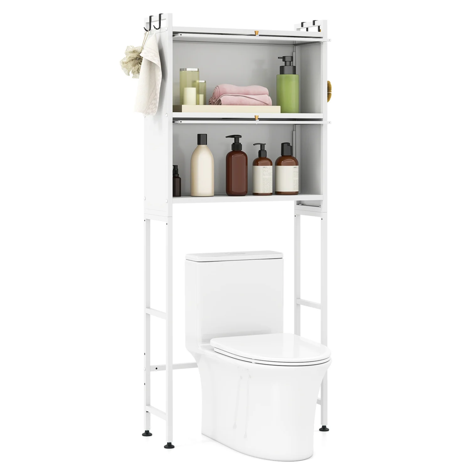 Over-the-toilet Cabinet Bathroom Organizer with 2 Flip-up Cabinets, White