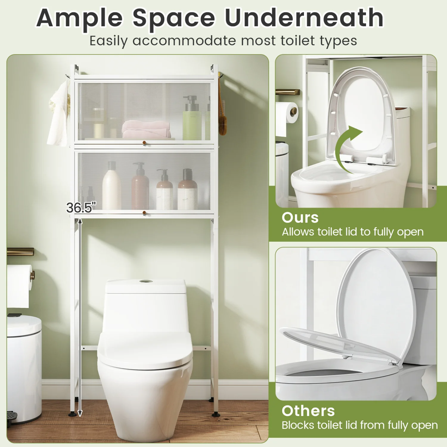 Over-the-toilet Cabinet Bathroom Organizer with 2 Flip-up Cabinets, White - Image 10