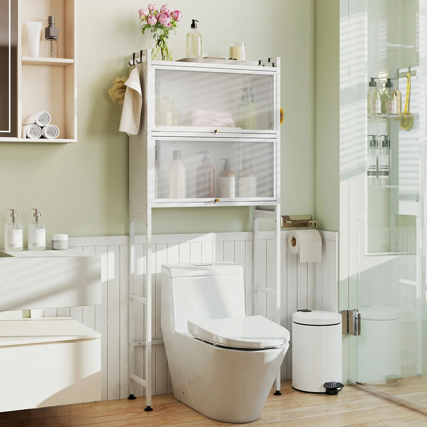Over-the-toilet Cabinet Bathroom Organizer with 2 Flip-up Cabinets, White - Image 2