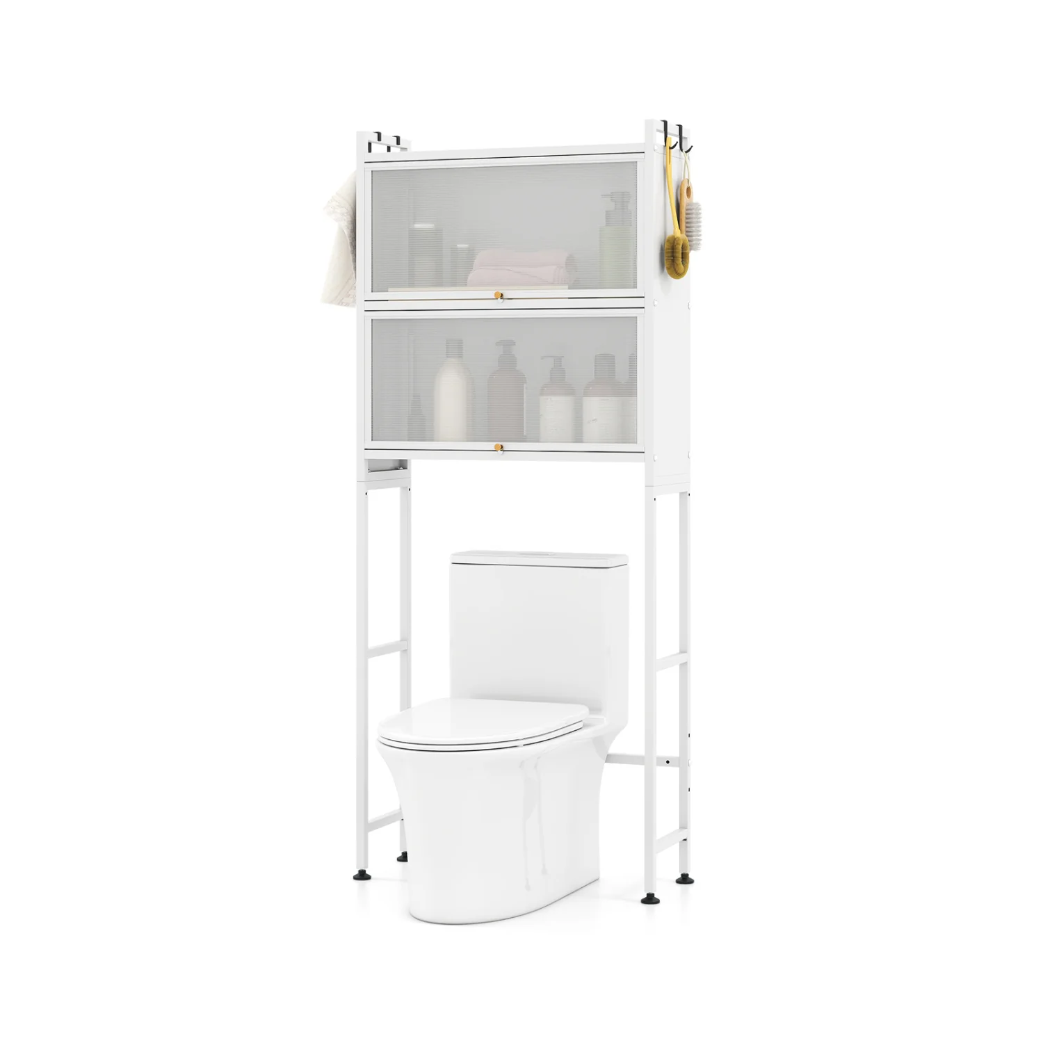 Over-the-toilet Cabinet Bathroom Organizer with 2 Flip-up Cabinets, White - Image 5