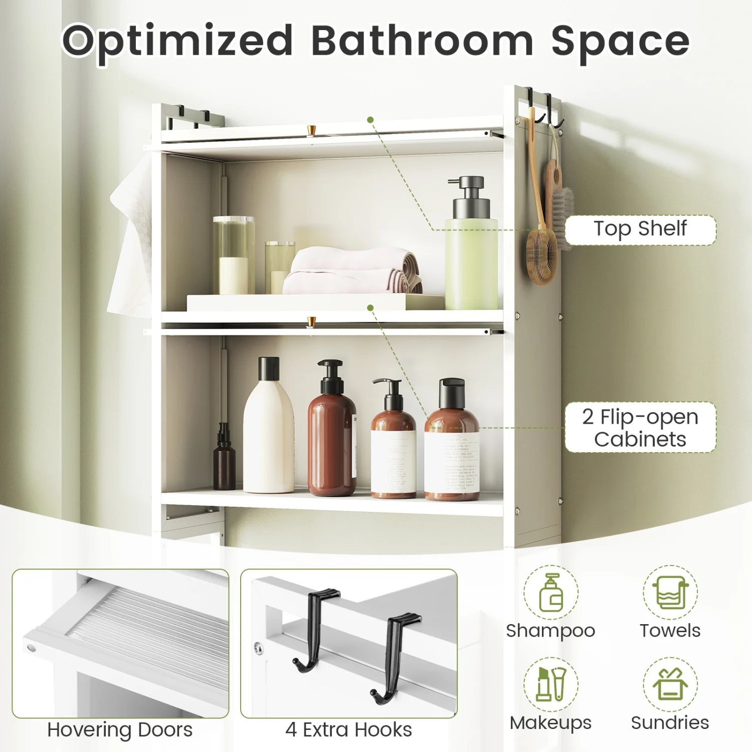 Over-the-toilet Cabinet Bathroom Organizer with 2 Flip-up Cabinets, White - Image 7