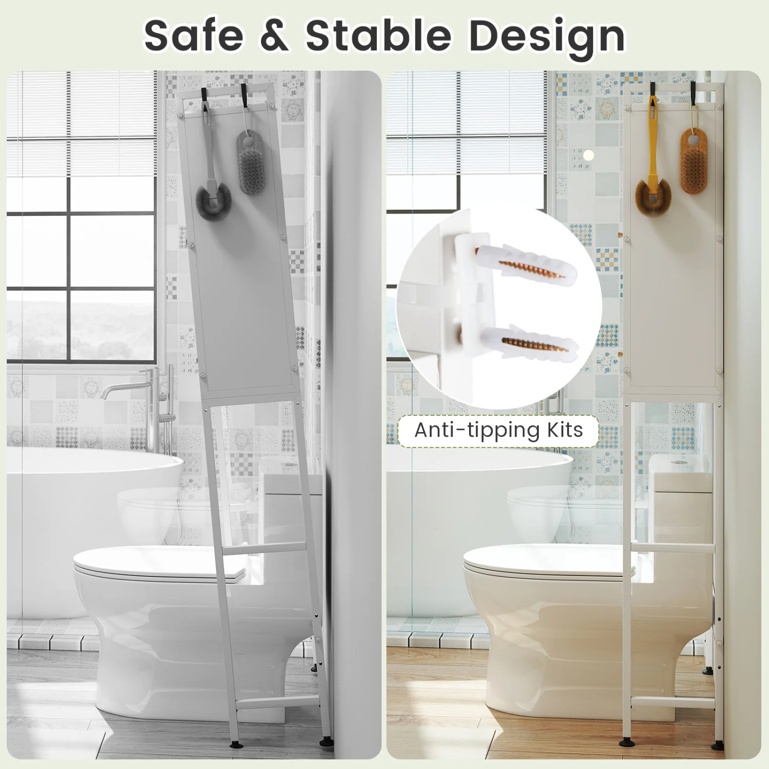 Over-the-toilet Cabinet Bathroom Organizer with 2 Flip-up Cabinets, White - Image 9