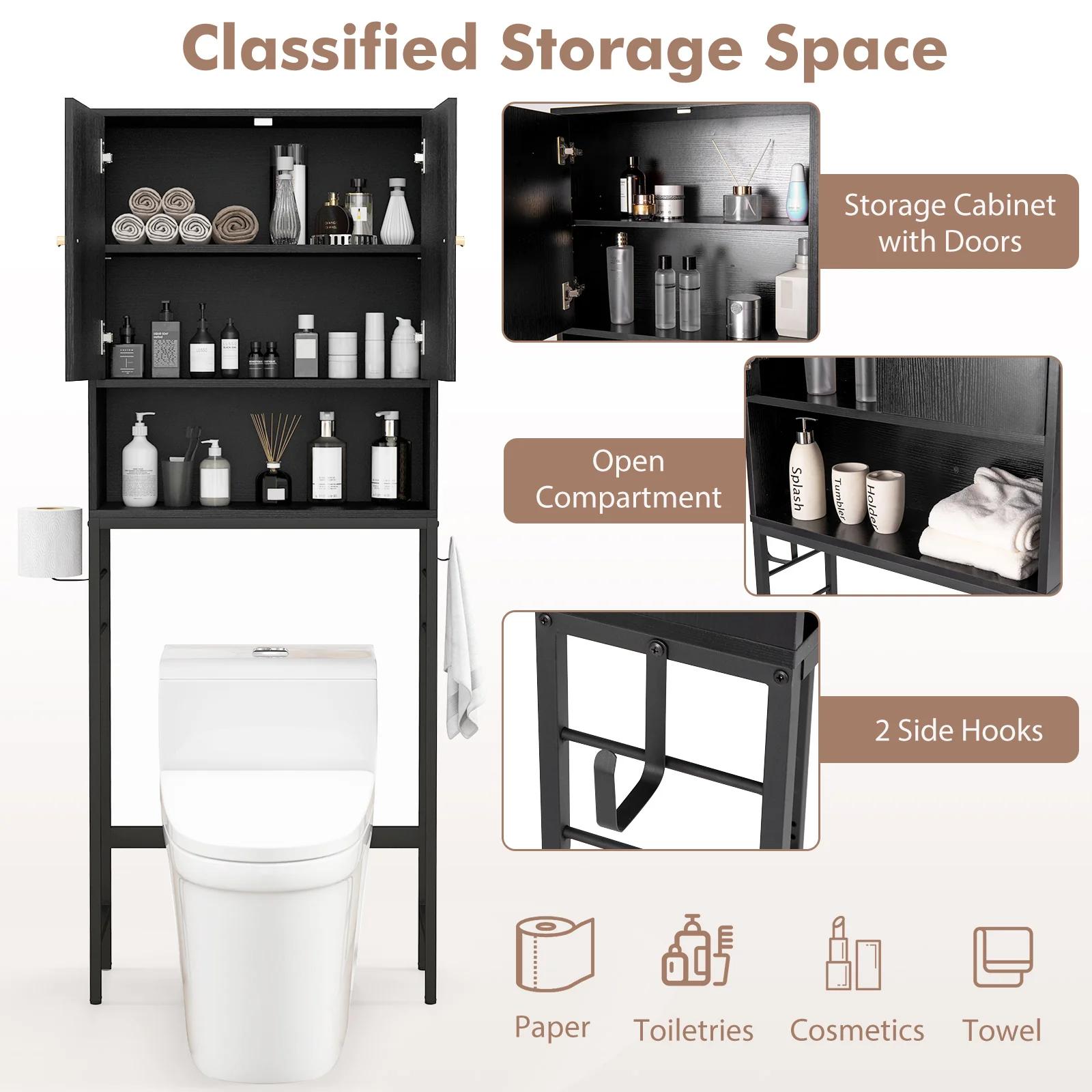 Over The Toilet Storage Cabinet, 2 Doors, Adjustable Shelf, Black - Image 7