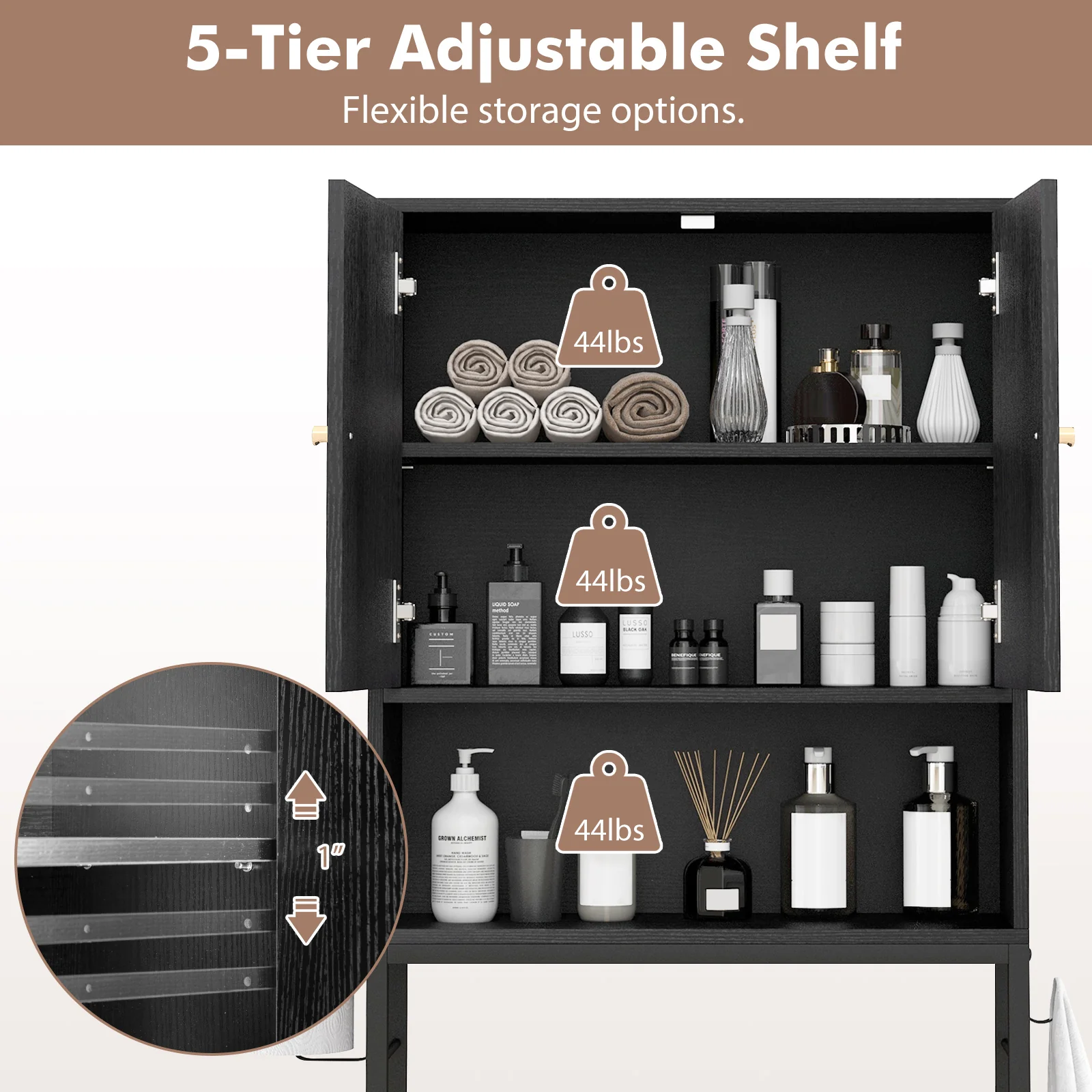Over The Toilet Storage Cabinet, 2 Doors, Adjustable Shelf, Black - Image 9