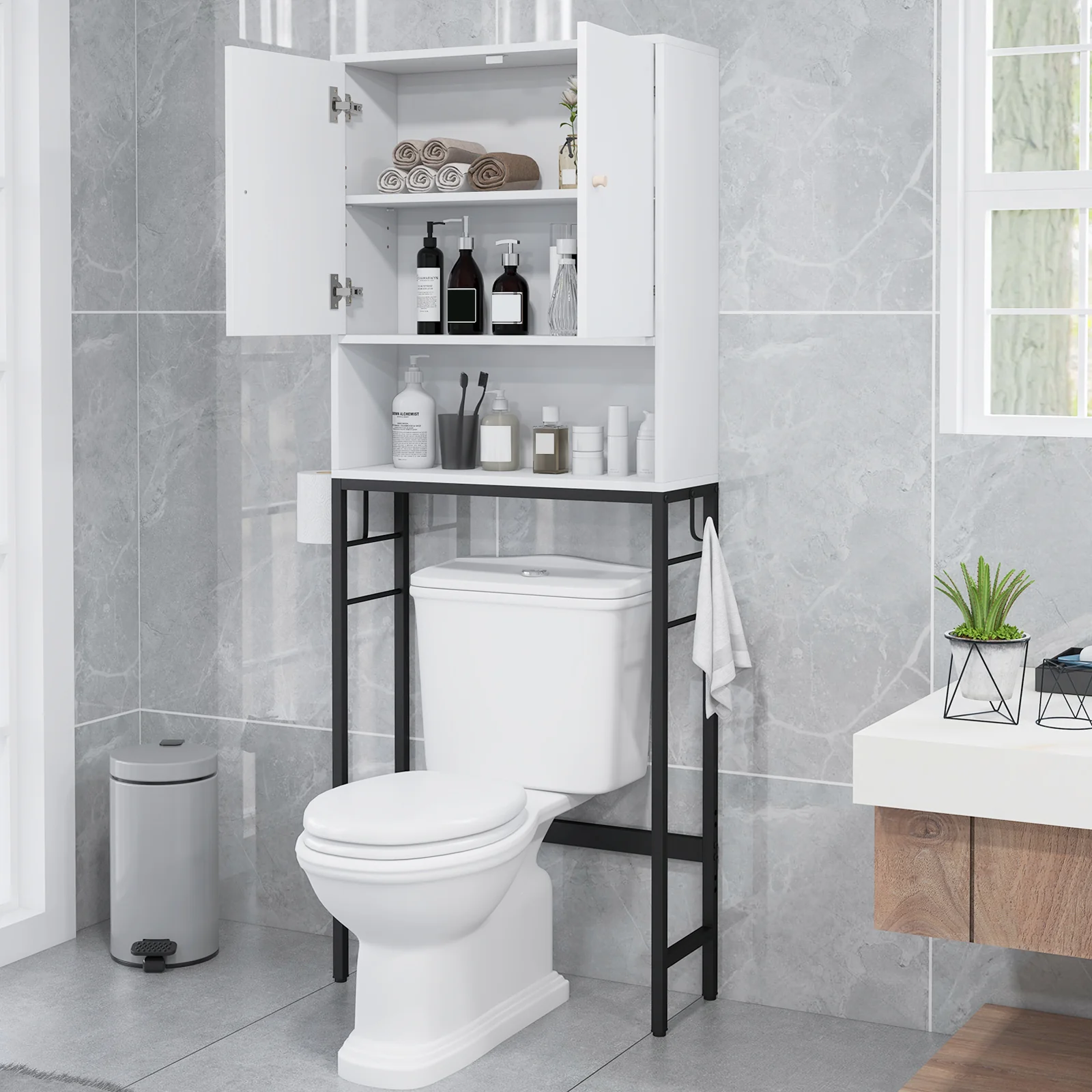 Over The Toilet Storage Cabinet, 2 Doors, Adjustable Shelf, White - Image 3