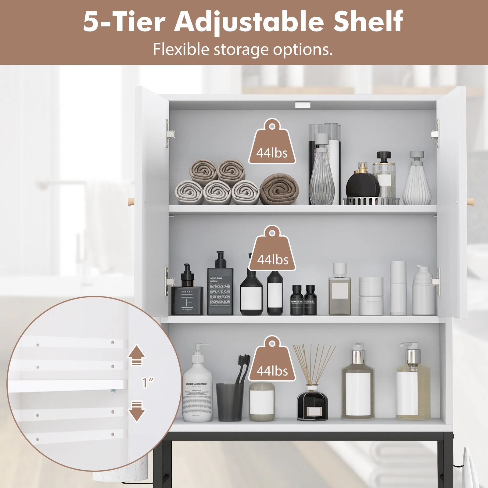 Over The Toilet Storage Cabinet, 2 Doors, Adjustable Shelf, White - Image 9