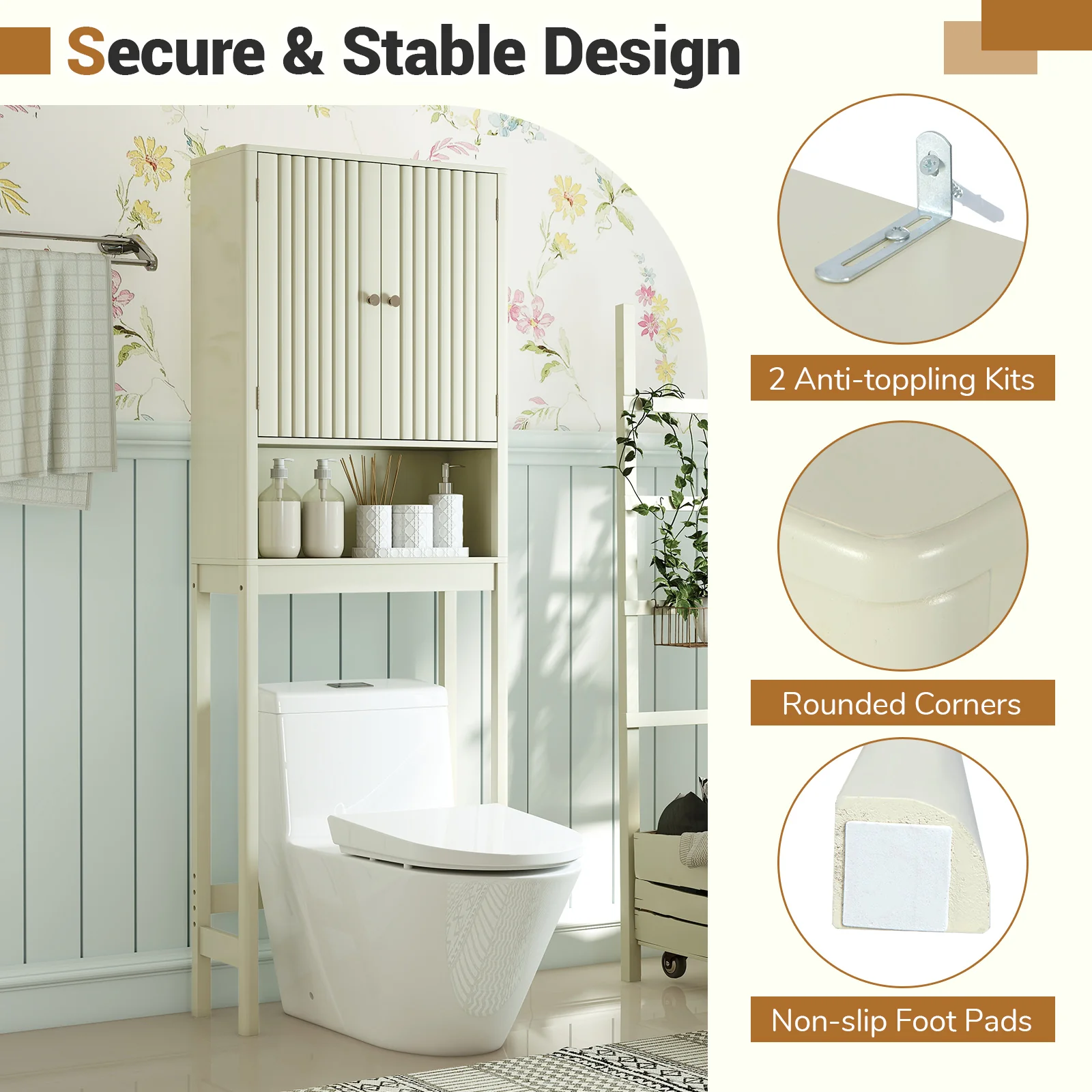 Over The Toilet Storage Cabinet with Fluted Doors, Beige - Image 10