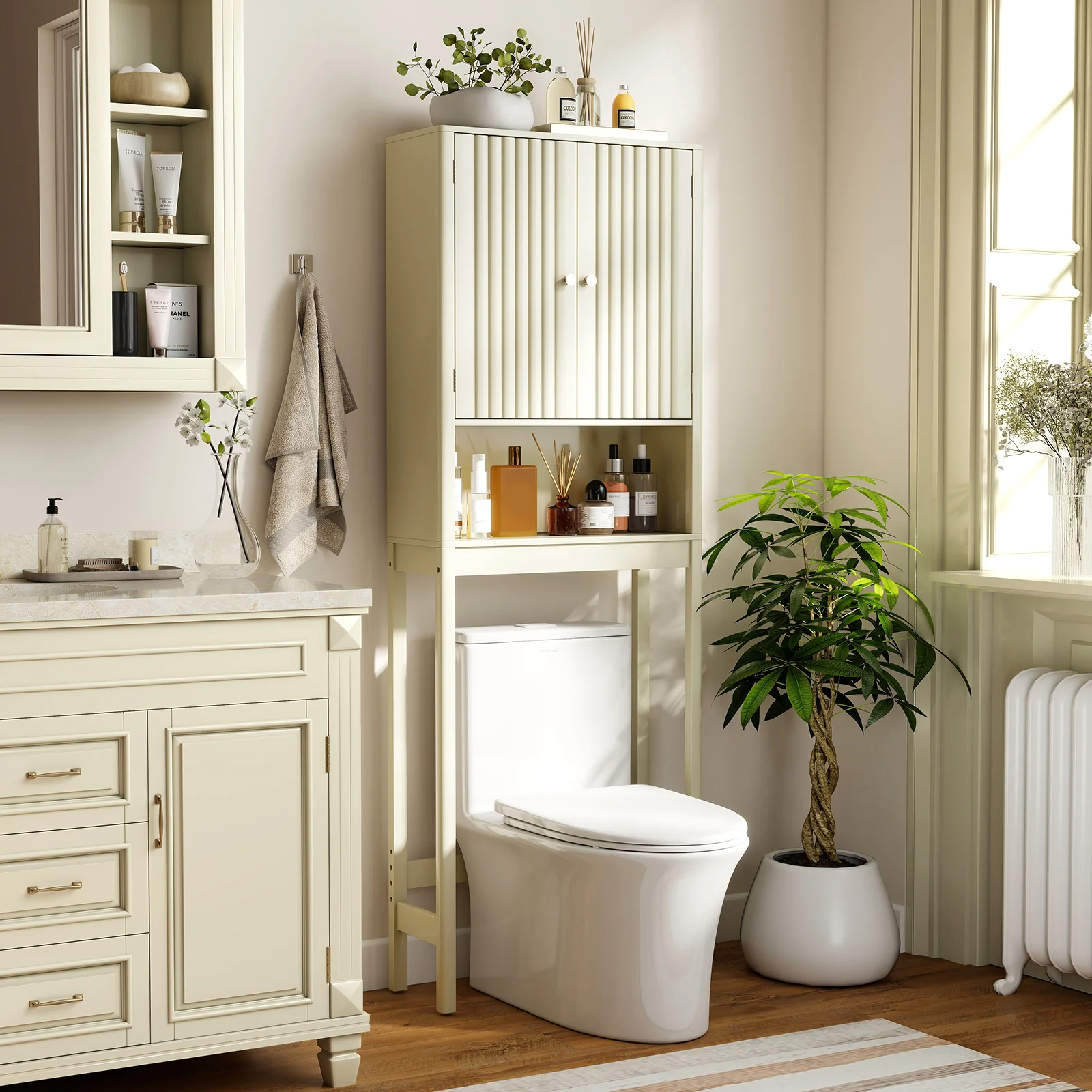 Over The Toilet Storage Cabinet with Fluted Doors, Beige - Image 2