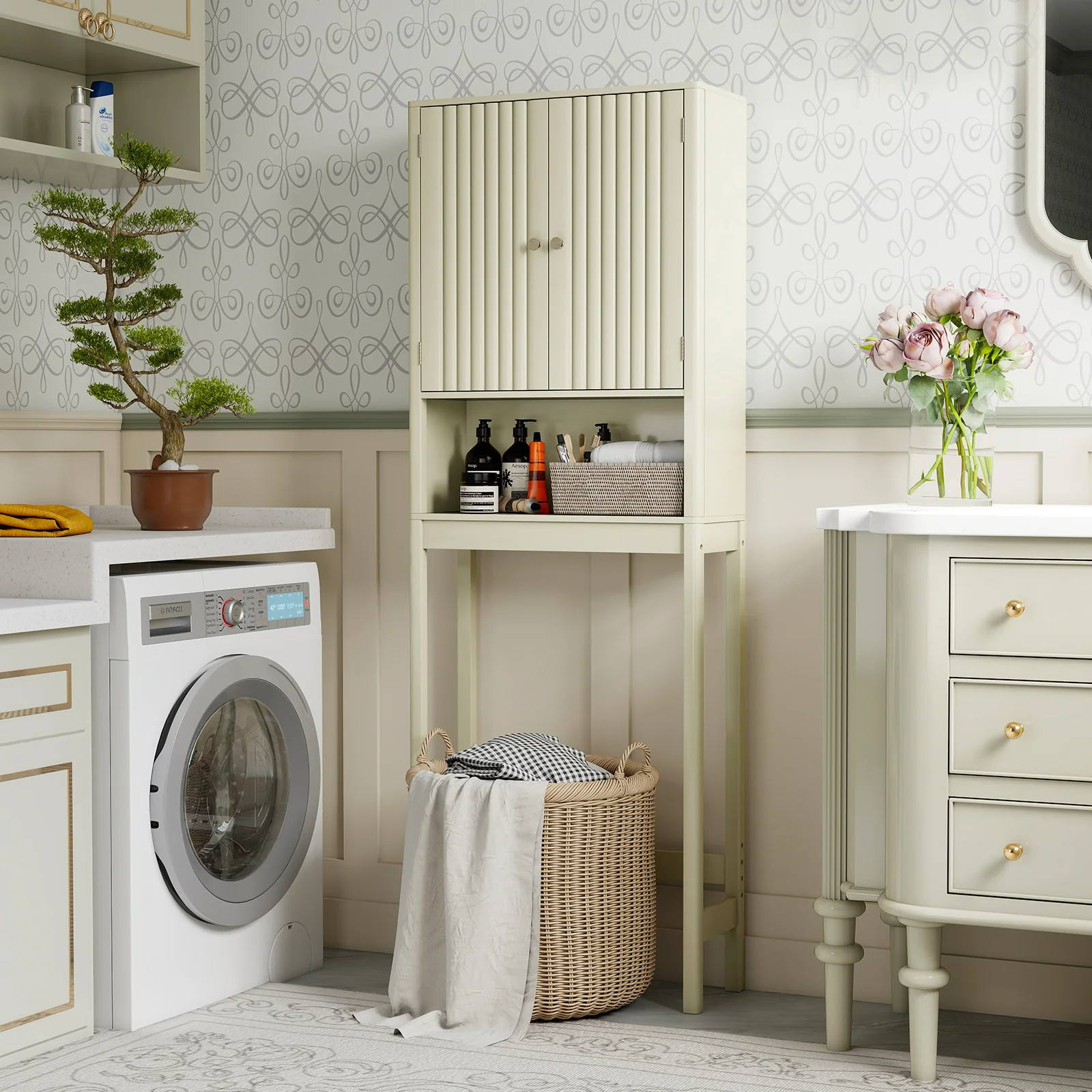 Over The Toilet Storage Cabinet with Fluted Doors, Beige - Image 3