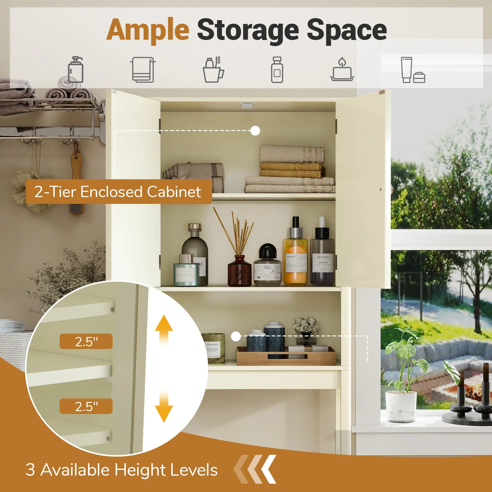 Over The Toilet Storage Cabinet with Fluted Doors, Beige - Image 7
