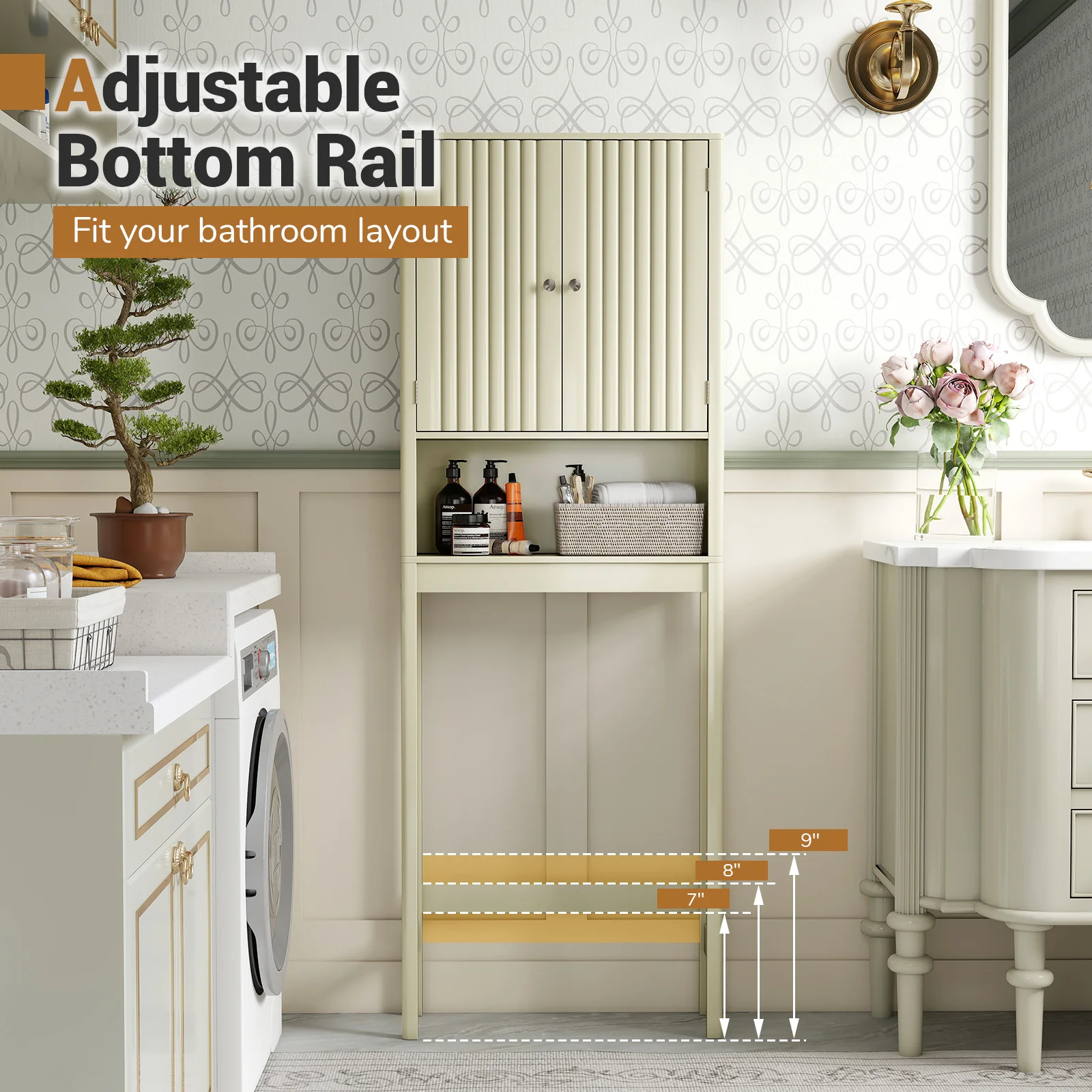 Over The Toilet Storage Cabinet with Fluted Doors, Beige - Image 8