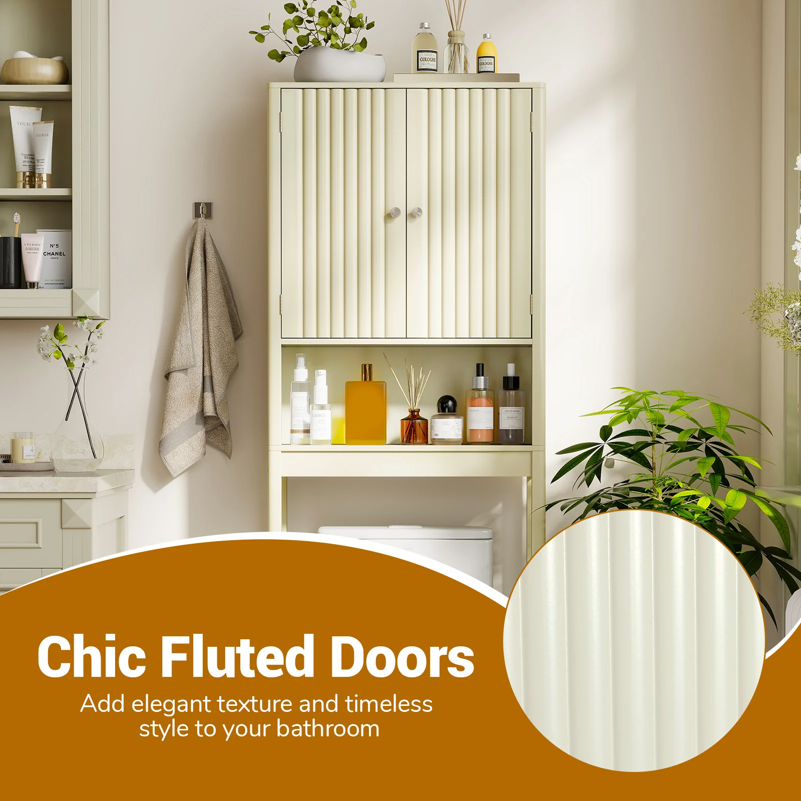 Over The Toilet Storage Cabinet with Fluted Doors, Beige - Image 9