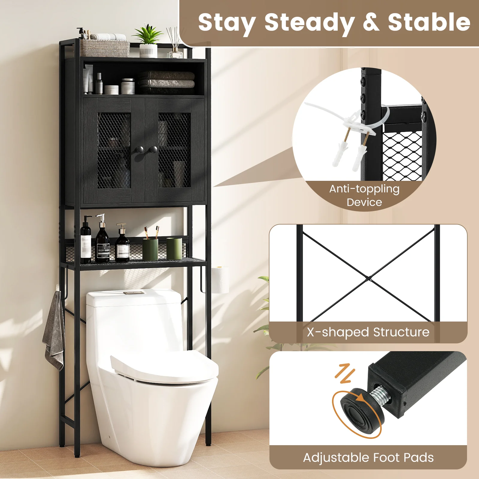 Over-The-Toilet Storage Cabinet with Heavy-Duty Metal Frame 2-door Freestanding, Black - Image 10