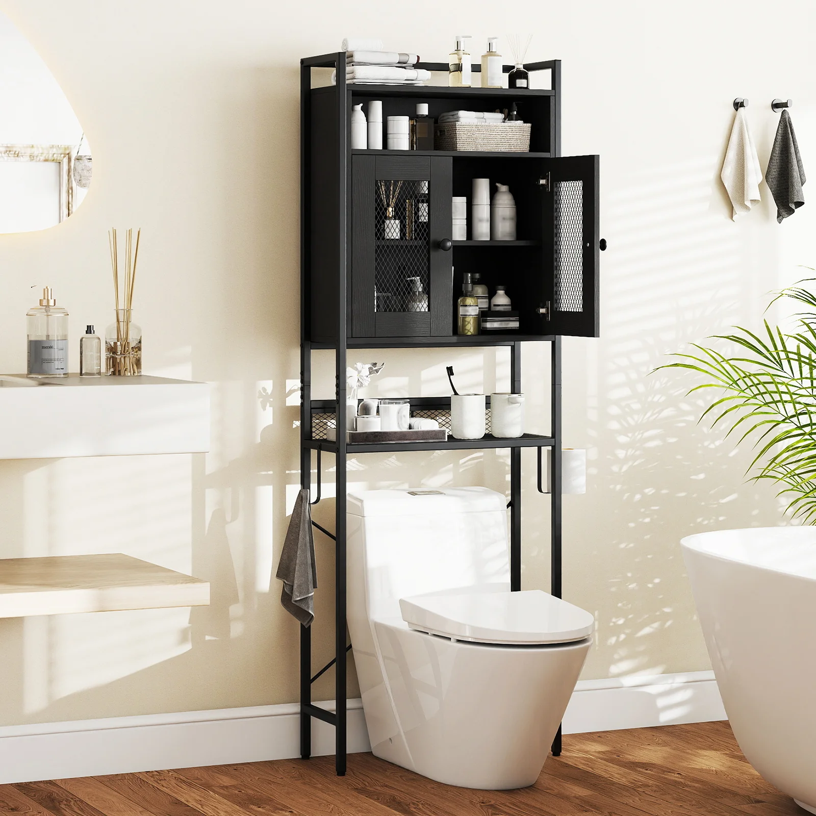 Over-The-Toilet Storage Cabinet with Heavy-Duty Metal Frame 2-door Freestanding, Black - Image 2
