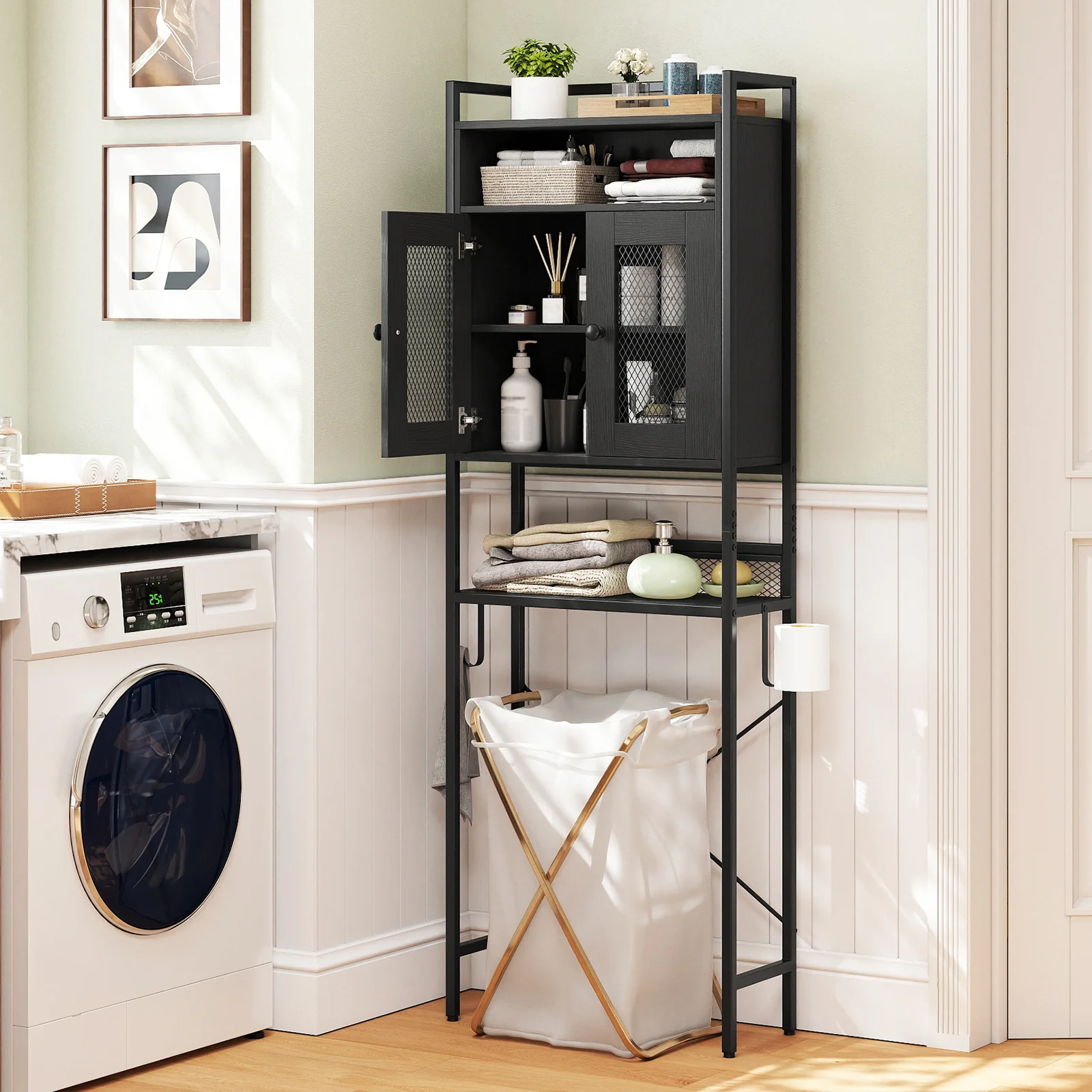 Over-The-Toilet Storage Cabinet with Heavy-Duty Metal Frame 2-door Freestanding, Black - Image 3
