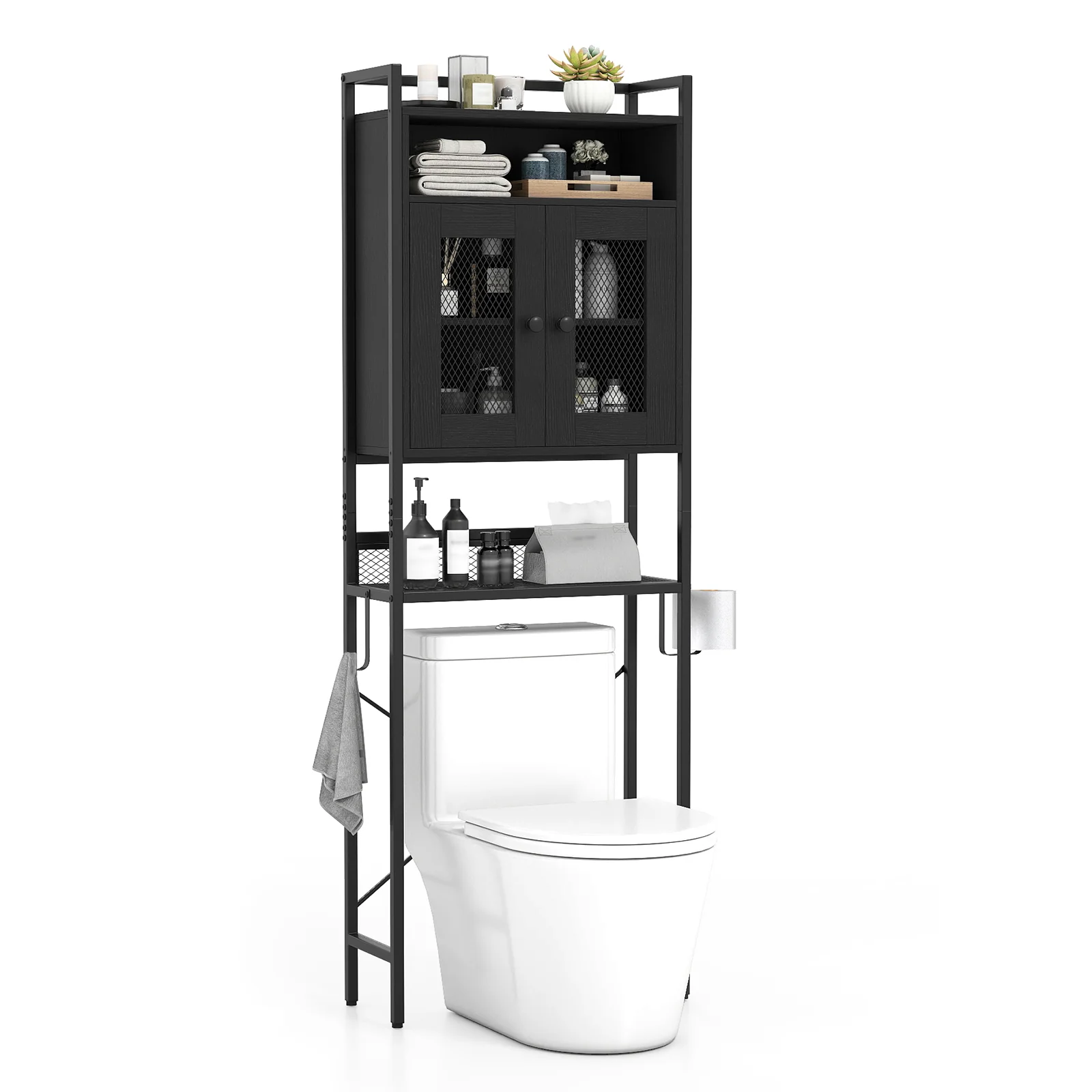 Over-The-Toilet Storage Cabinet with Heavy-Duty Metal Frame 2-door Freestanding, Black - Image 5