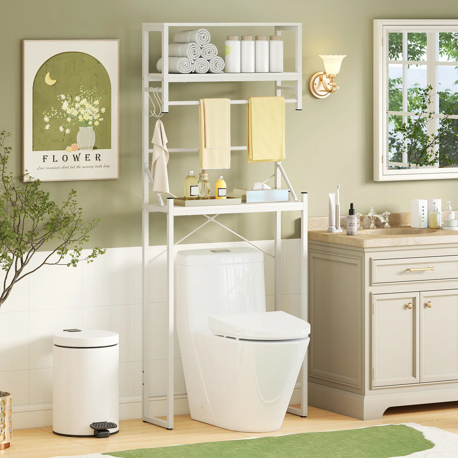 Over the Toilet Storage Rack 3-Tier Over Toilet Bathroom Organizer with Towel Holder, White - Image 2