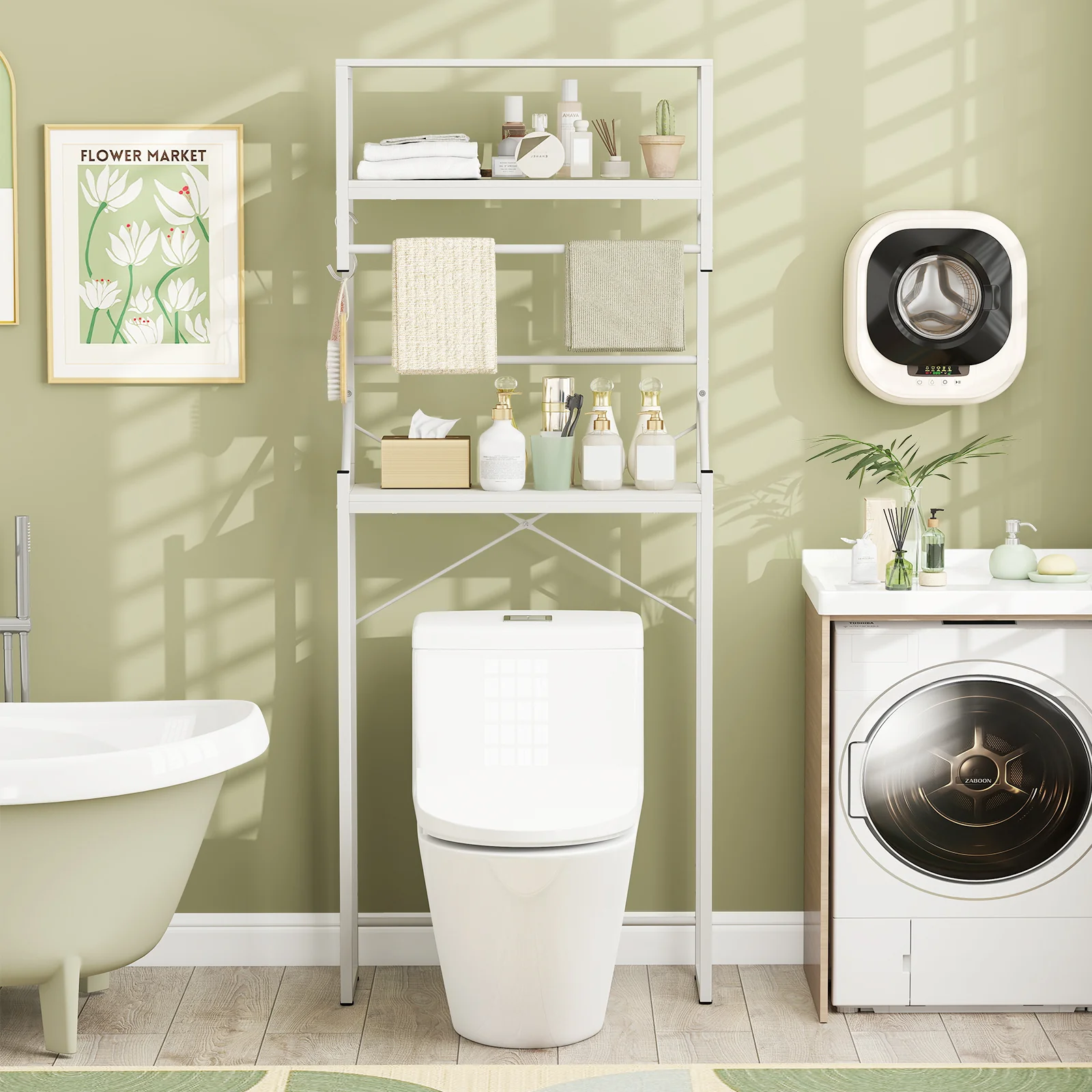 Over the Toilet Storage Rack 3-Tier Over Toilet Bathroom Organizer with Towel Holder, White - Image 3