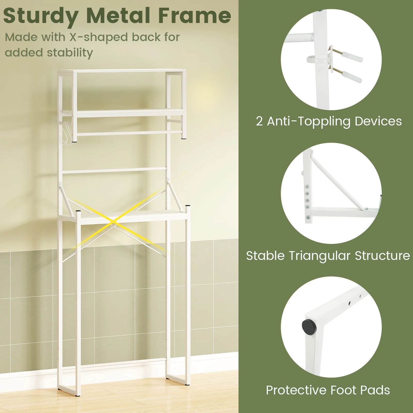 Over the Toilet Storage Rack 3-Tier Over Toilet Bathroom Organizer with Towel Holder, White - Image 8
