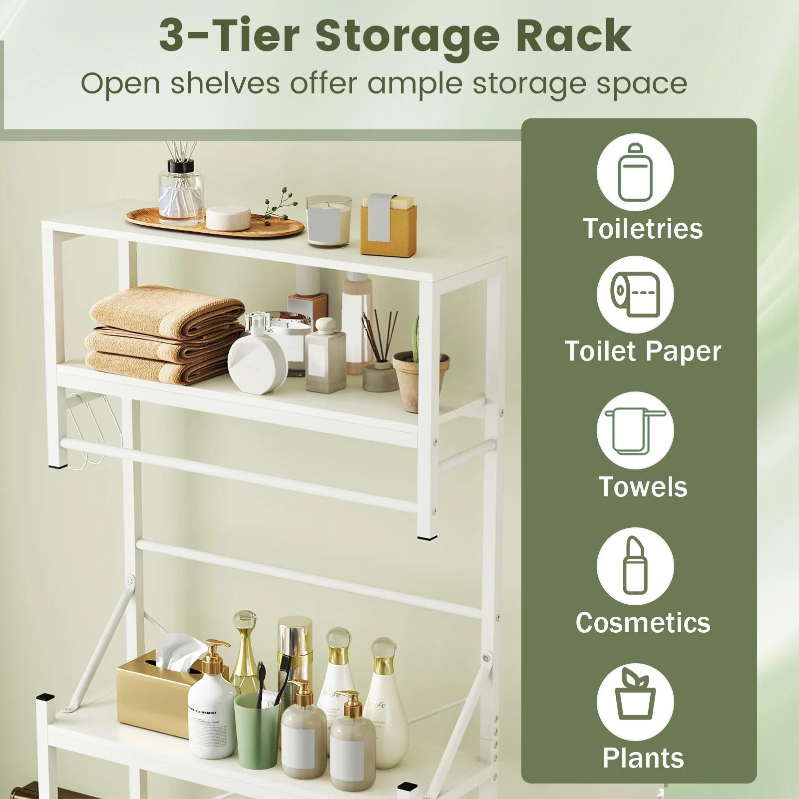 Over the Toilet Storage Rack 3-Tier Over Toilet Bathroom Organizer with Towel Holder, White - Image 9