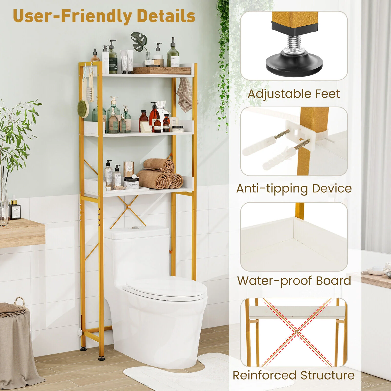Over The Toilet Storage Rack, Adjustable Bottom Bar, Hooks, White - Image 10