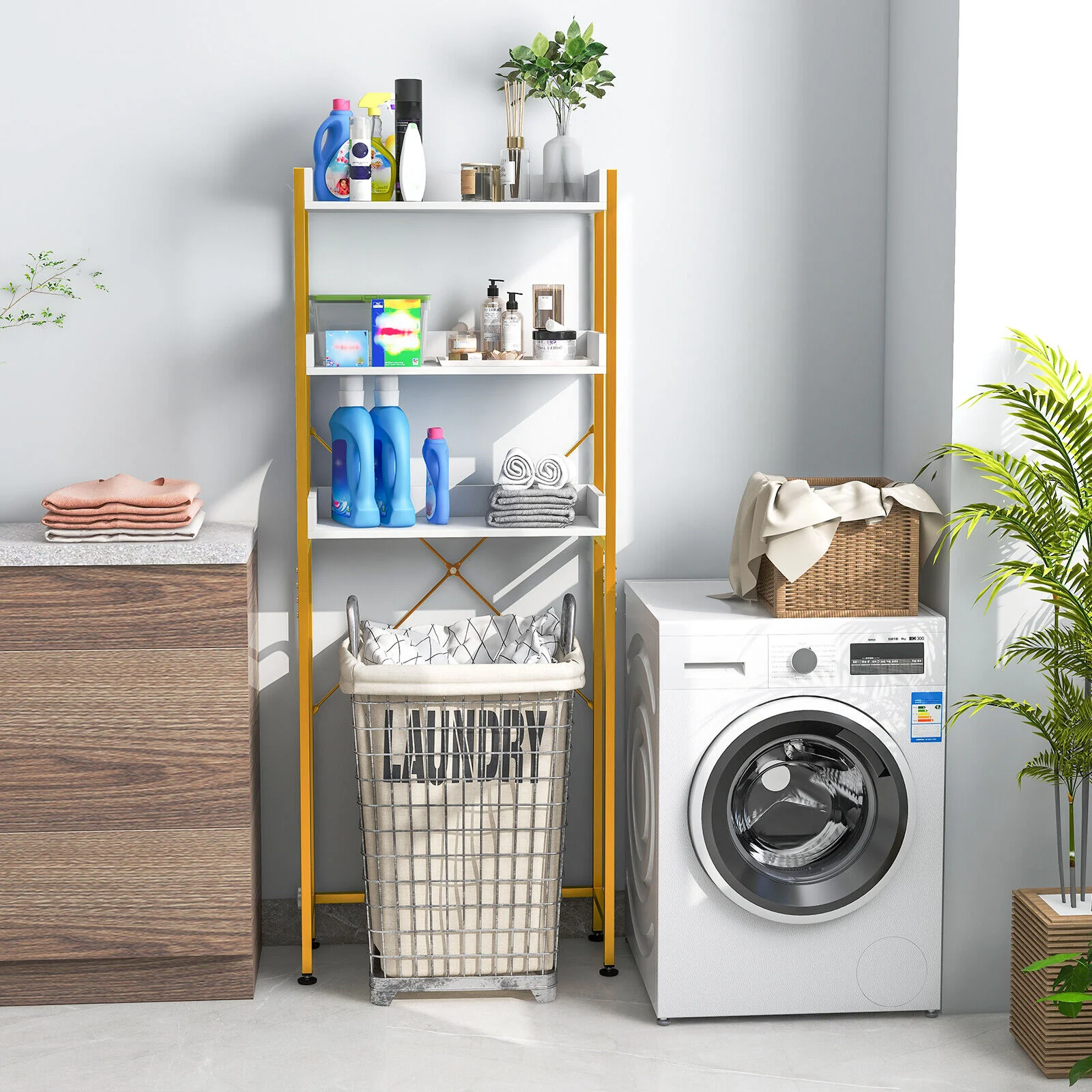 Over The Toilet Storage Rack, Adjustable Bottom Bar, Hooks, White - Image 3