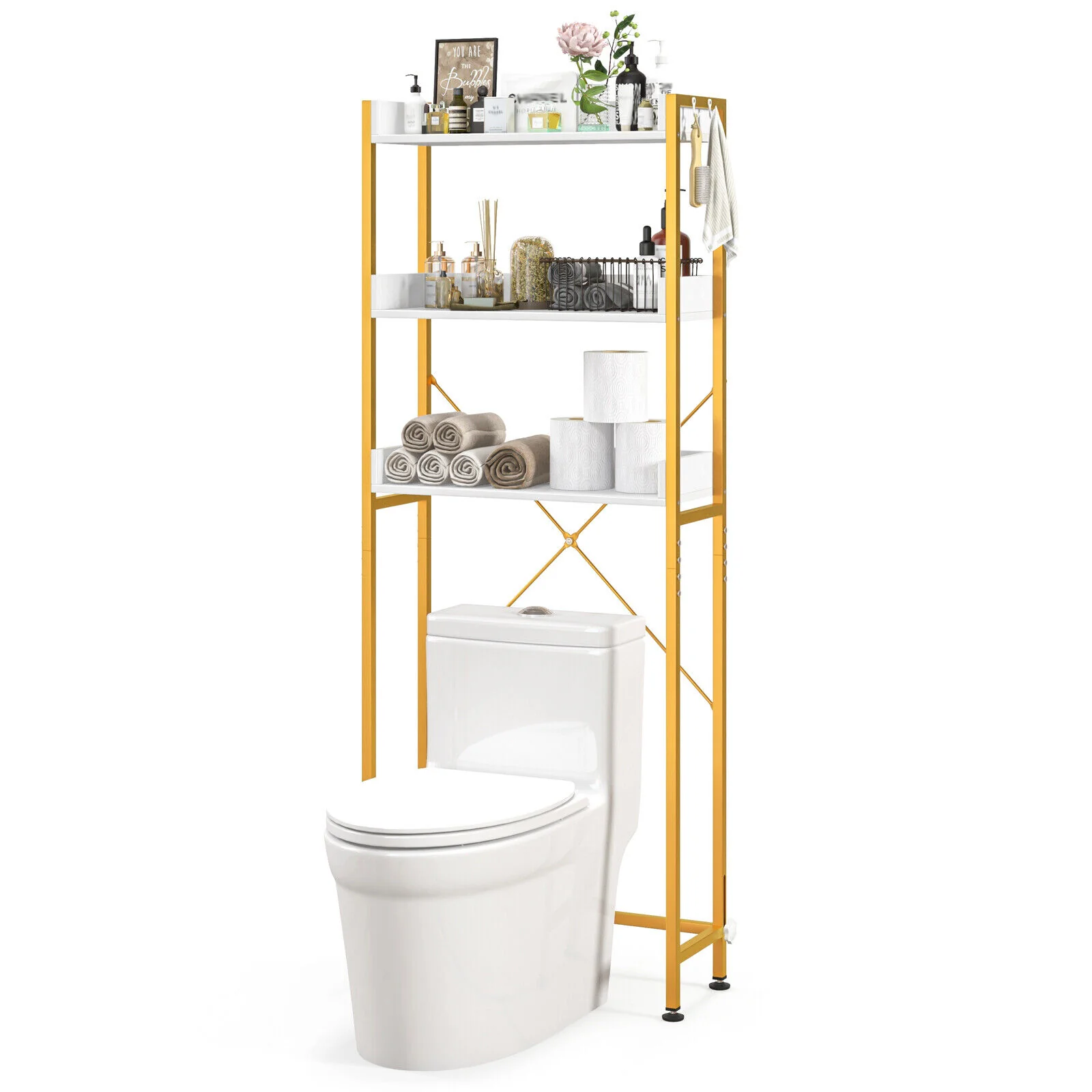 Over The Toilet Storage Rack, Adjustable Bottom Bar, Hooks, White - Image 5
