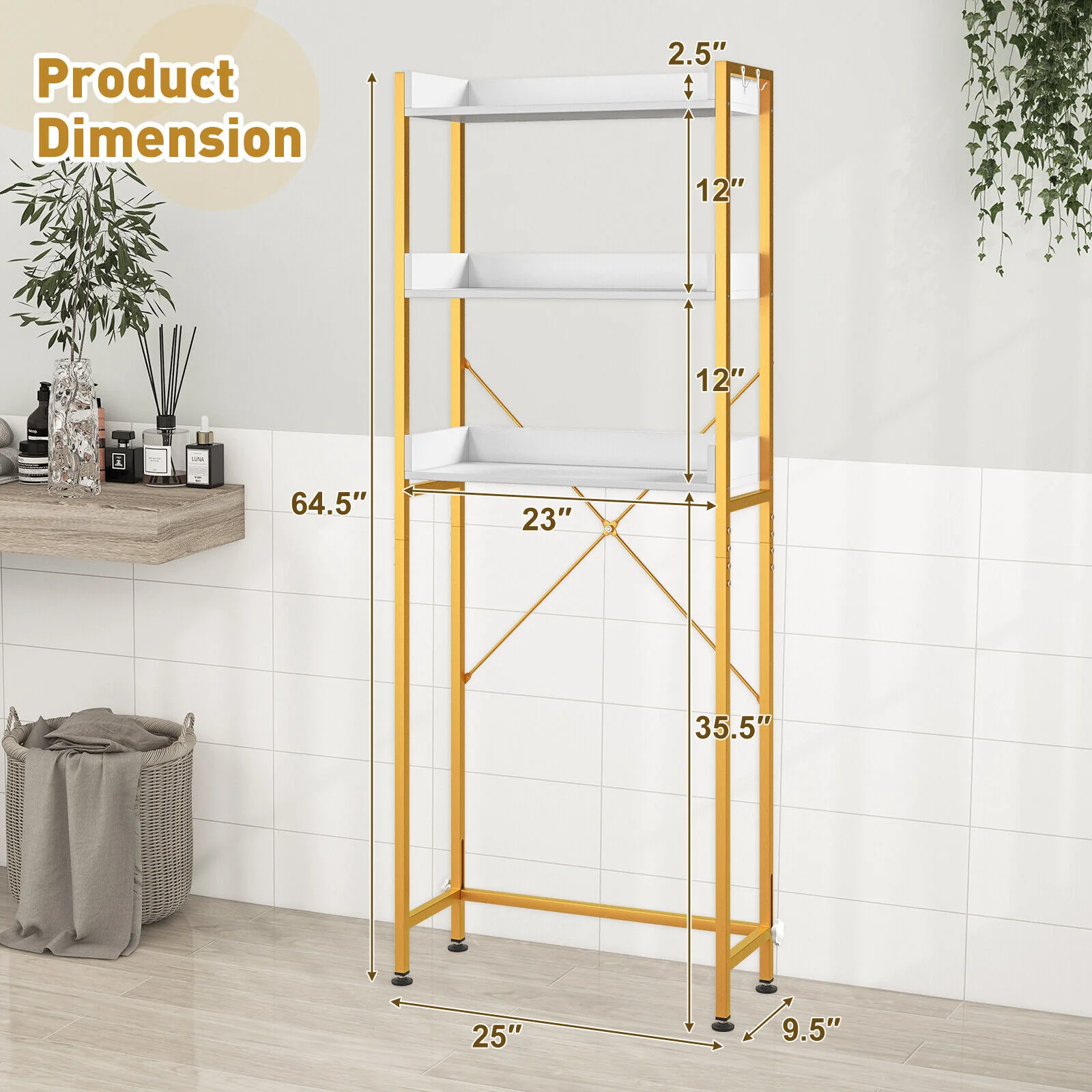 Over The Toilet Storage Rack, Adjustable Bottom Bar, Hooks, White - Image 6