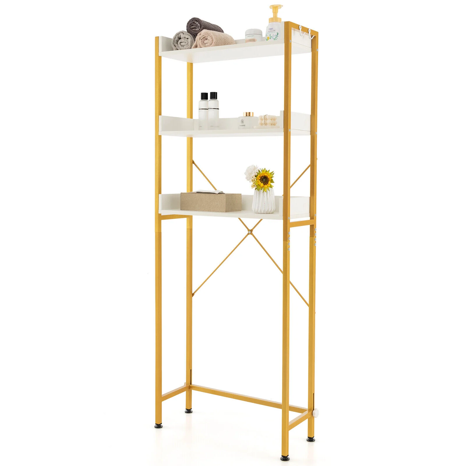 Over The Toilet Storage Rack, Adjustable Bottom Bar, Hooks, White - Image 7