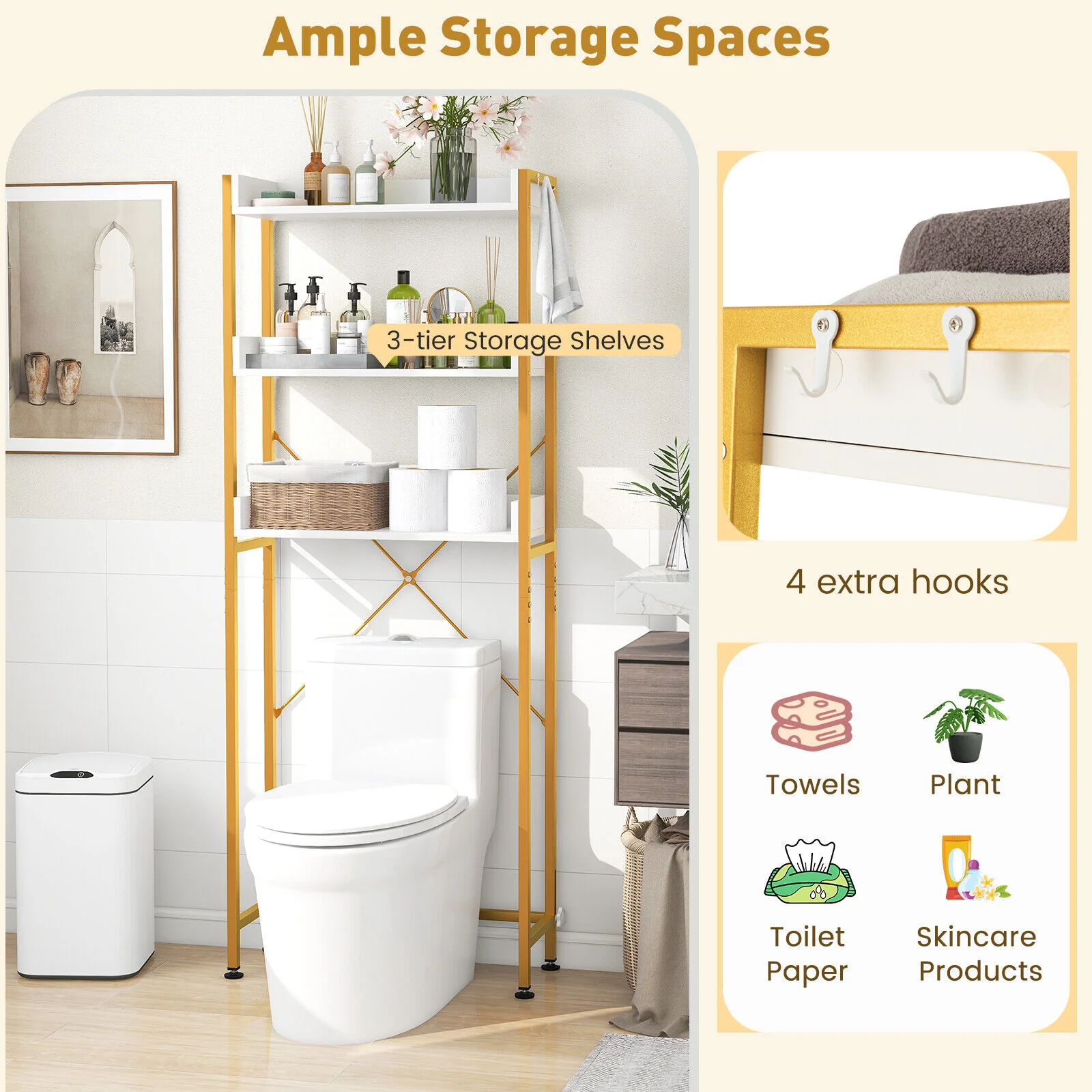 Over The Toilet Storage Rack, Adjustable Bottom Bar, Hooks, White - Image 8