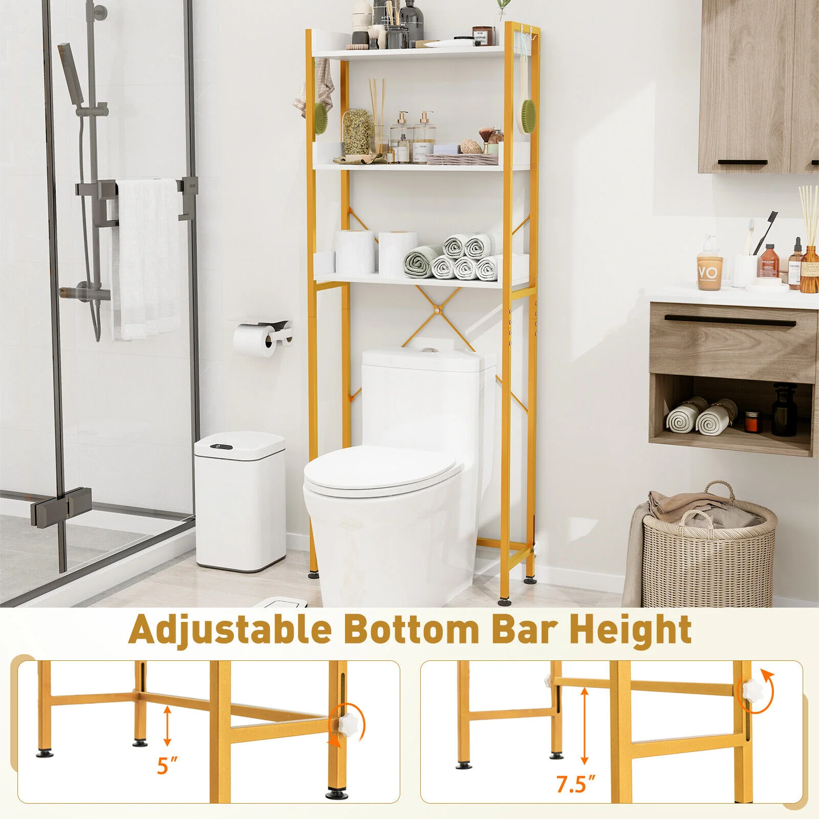 Over The Toilet Storage Rack, Adjustable Bottom Bar, Hooks, White - Image 9