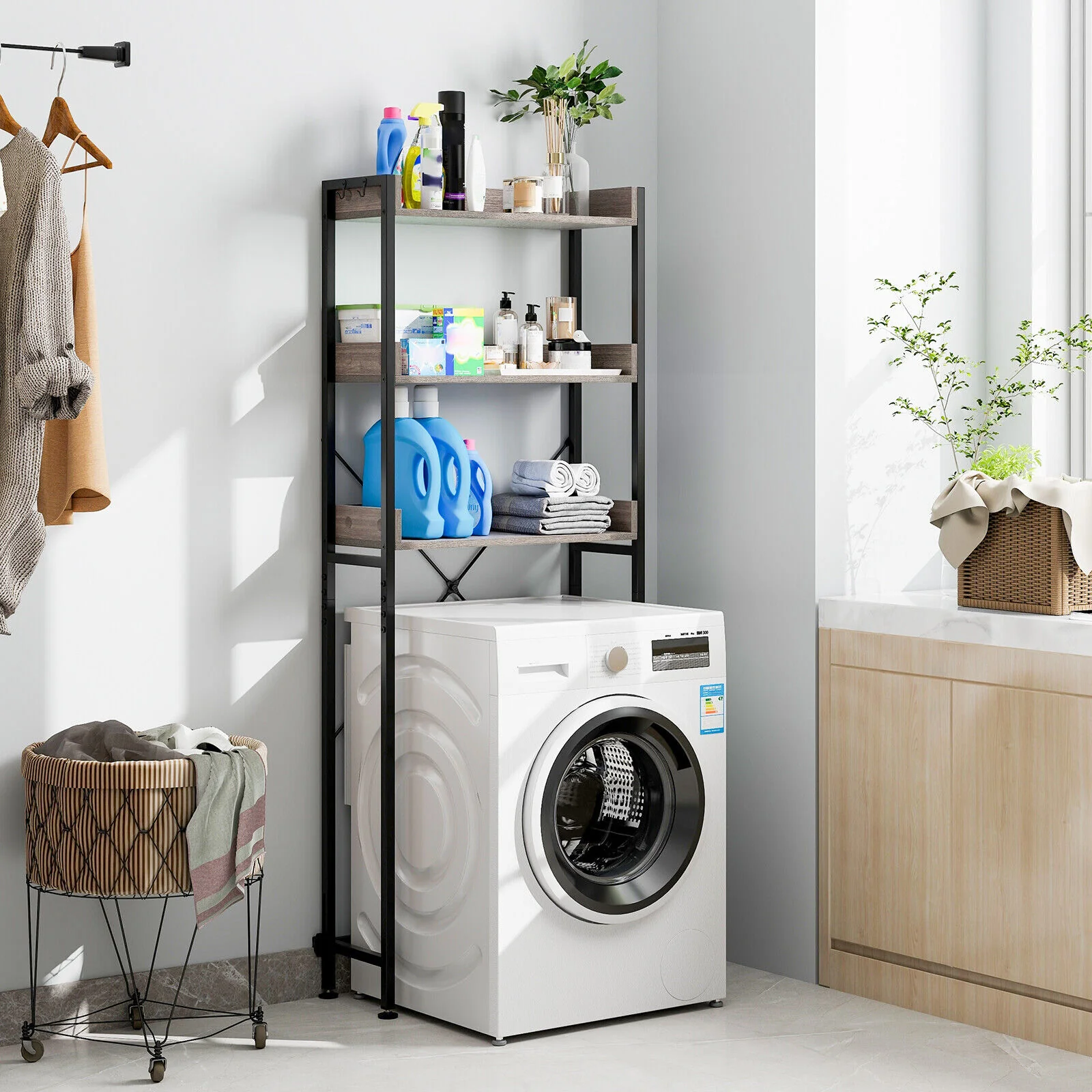 Over The Toilet Storage Rack With Hooks, Adjustable Bottom Bar, Gray - Image 3