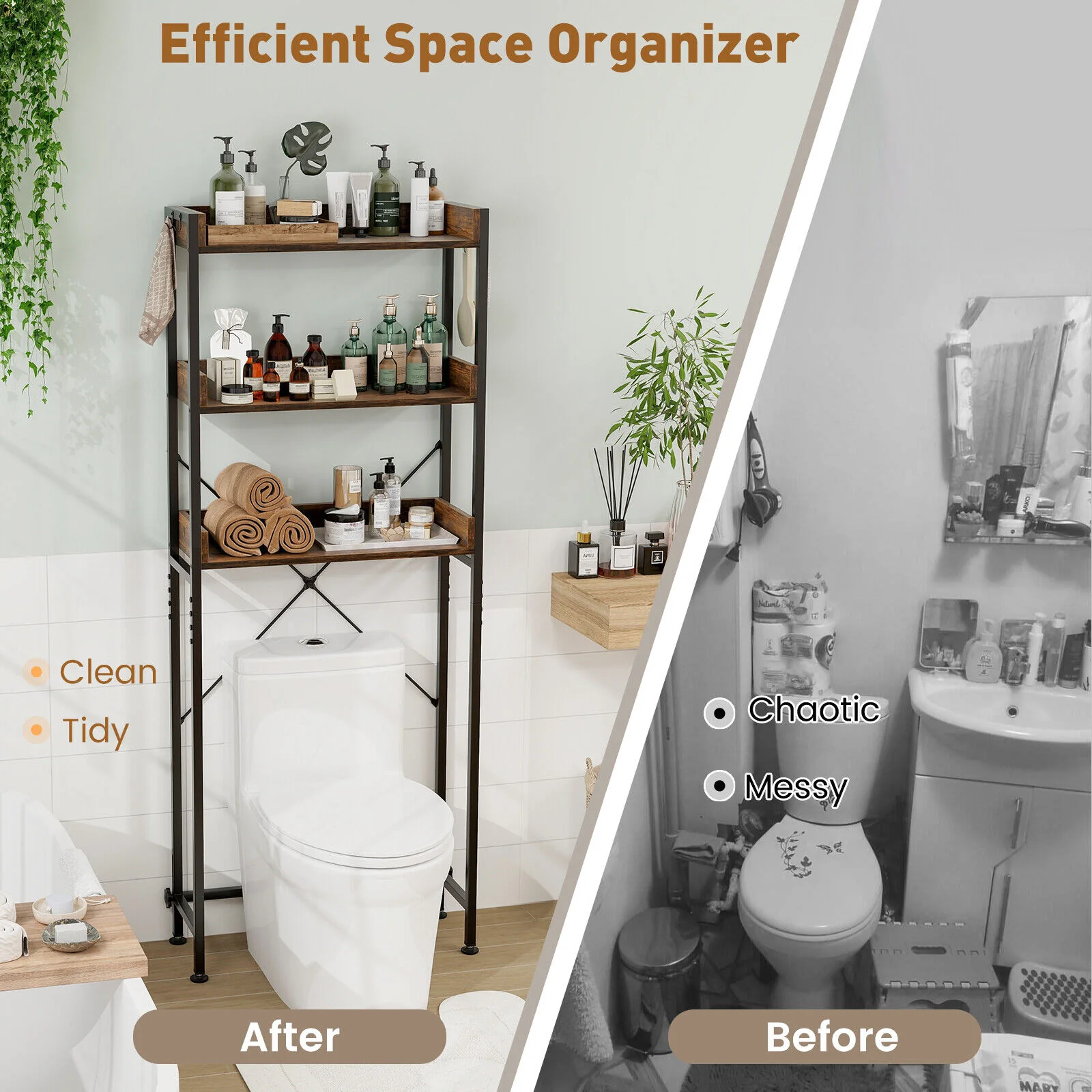 Over The Toilet Storage Rack With Hooks, Adjustable Bottom Bar, Gray - Image 9