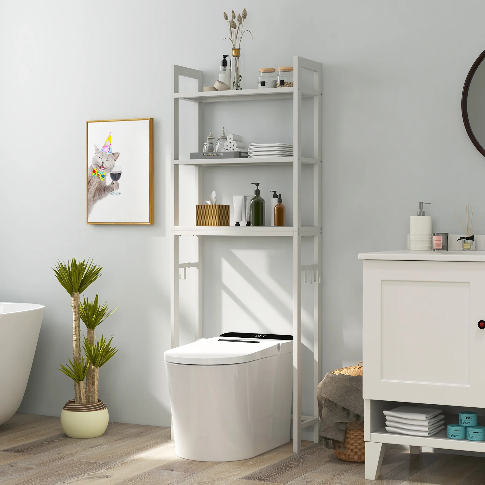 Over-The-Toilet Storage Shelf, Metal Bathroom Organizer Hooks, White - Image 2