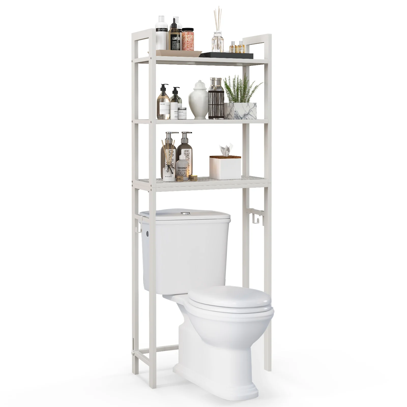 Over-The-Toilet Storage Shelf, Metal Bathroom Organizer Hooks, White - Image 5