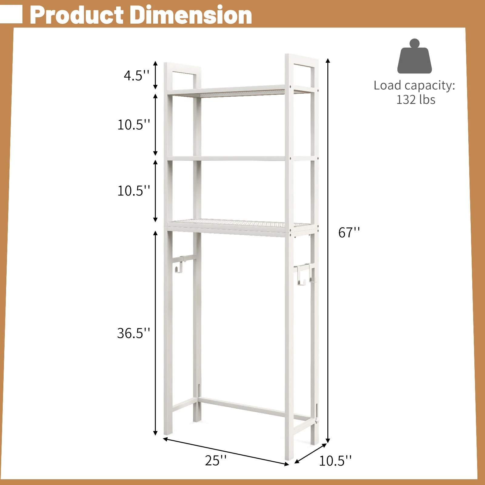 Over-The-Toilet Storage Shelf, Metal Bathroom Organizer Hooks, White - Image 6