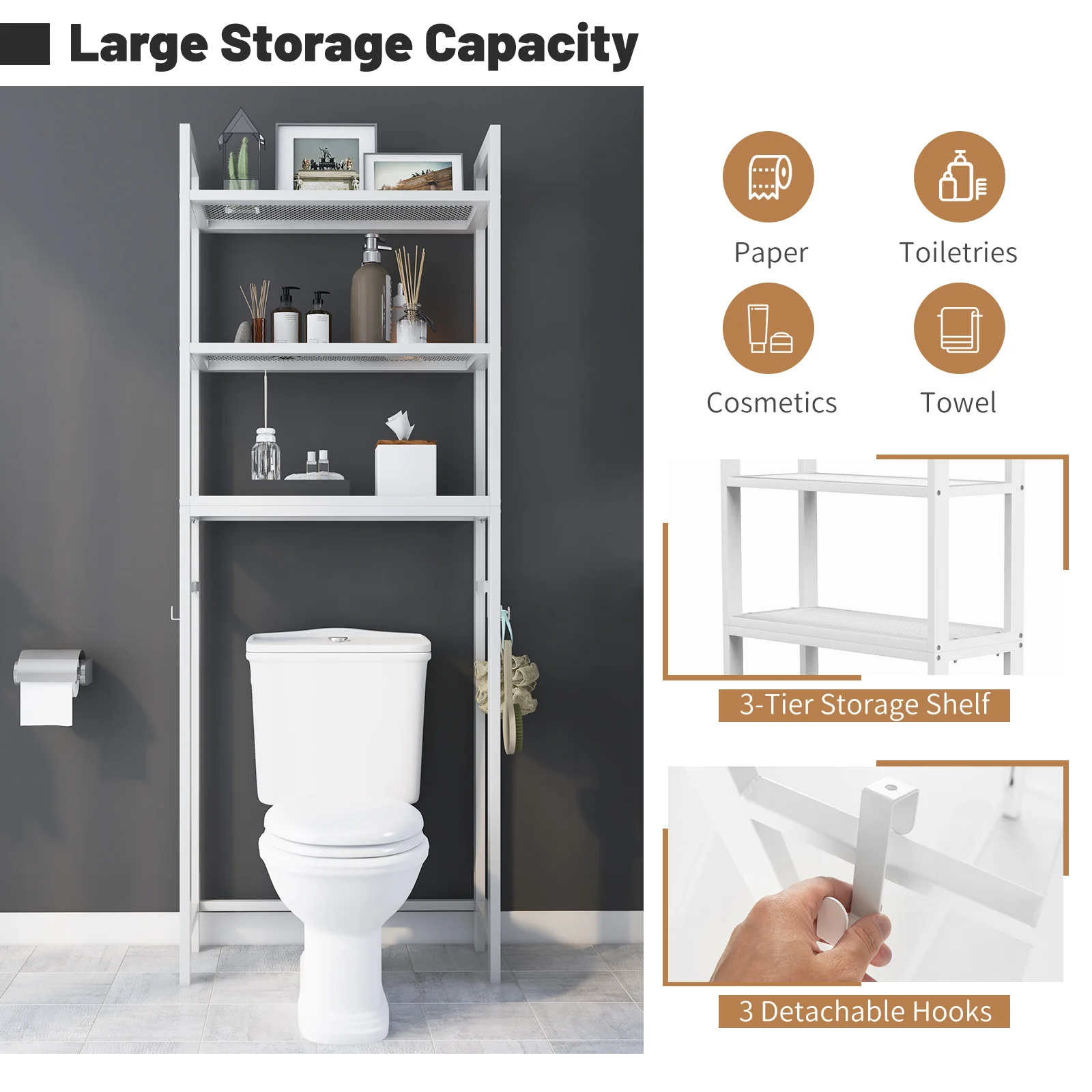 Over-The-Toilet Storage Shelf, Metal Bathroom Organizer Hooks, White - Image 7
